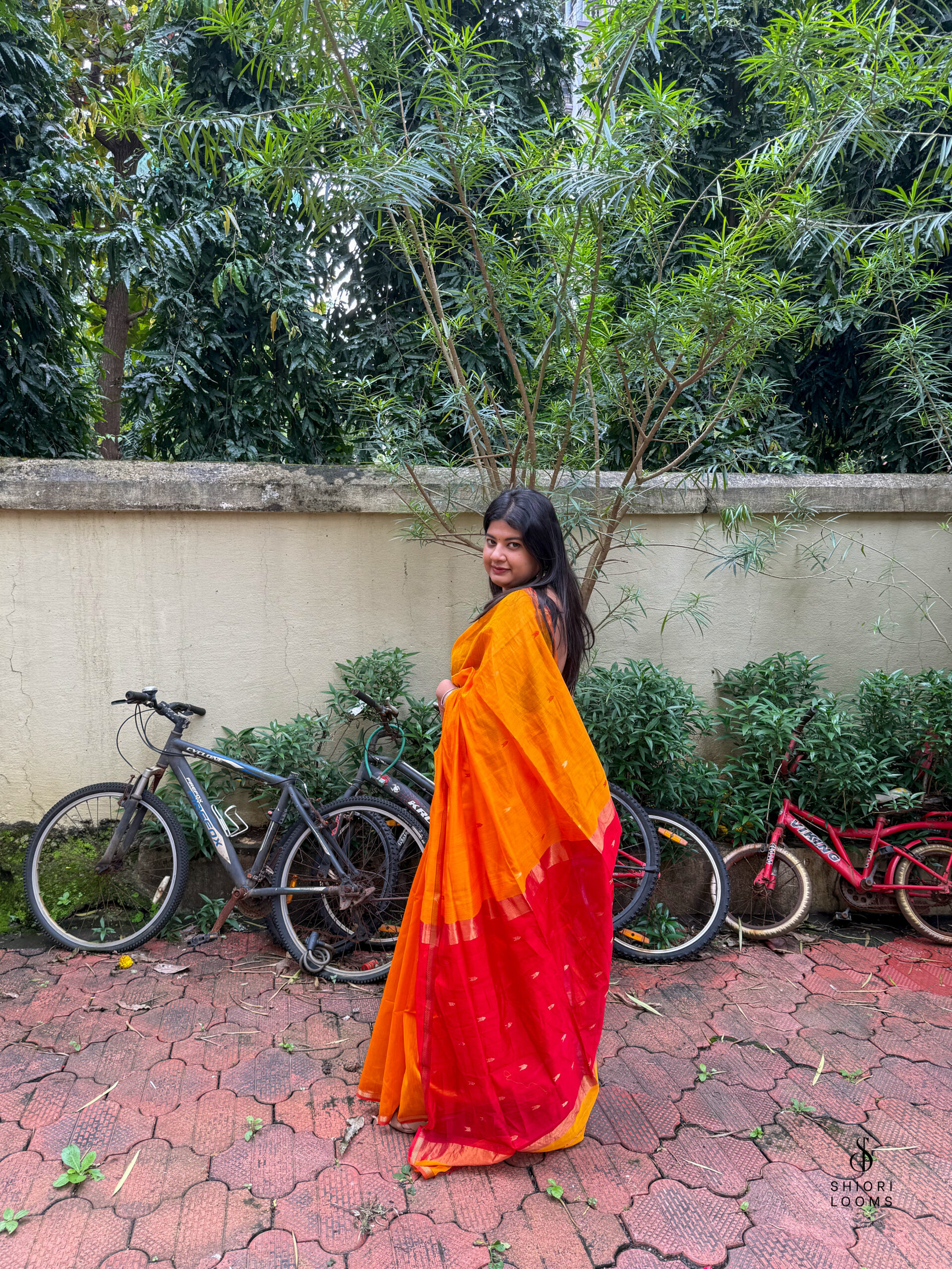 Handwoven Silk Cotton Maheshwari Saree in Yellow with Red Pallu