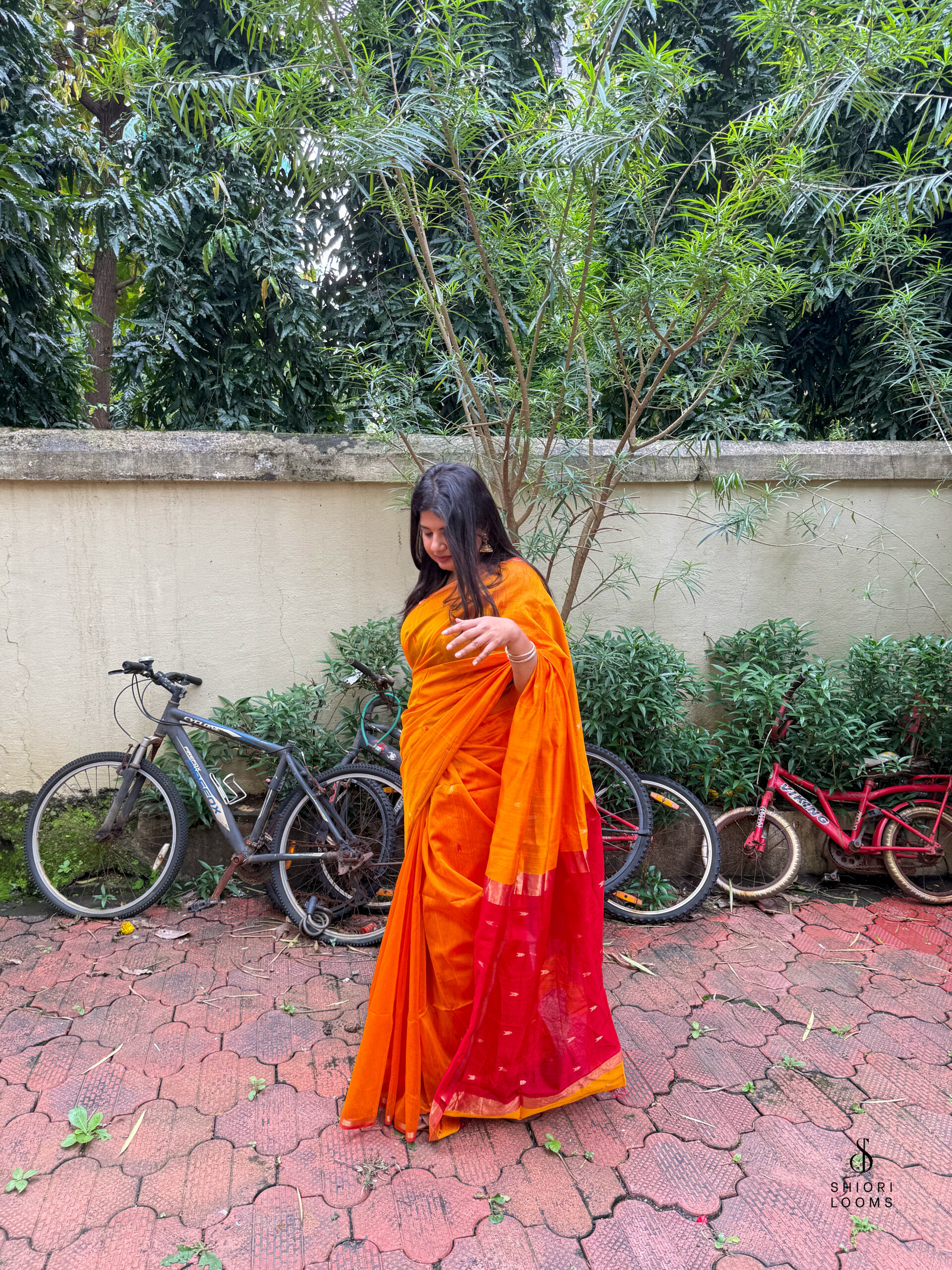 Handwoven Silk Cotton Maheshwari Saree in Yellow with Red Pallu