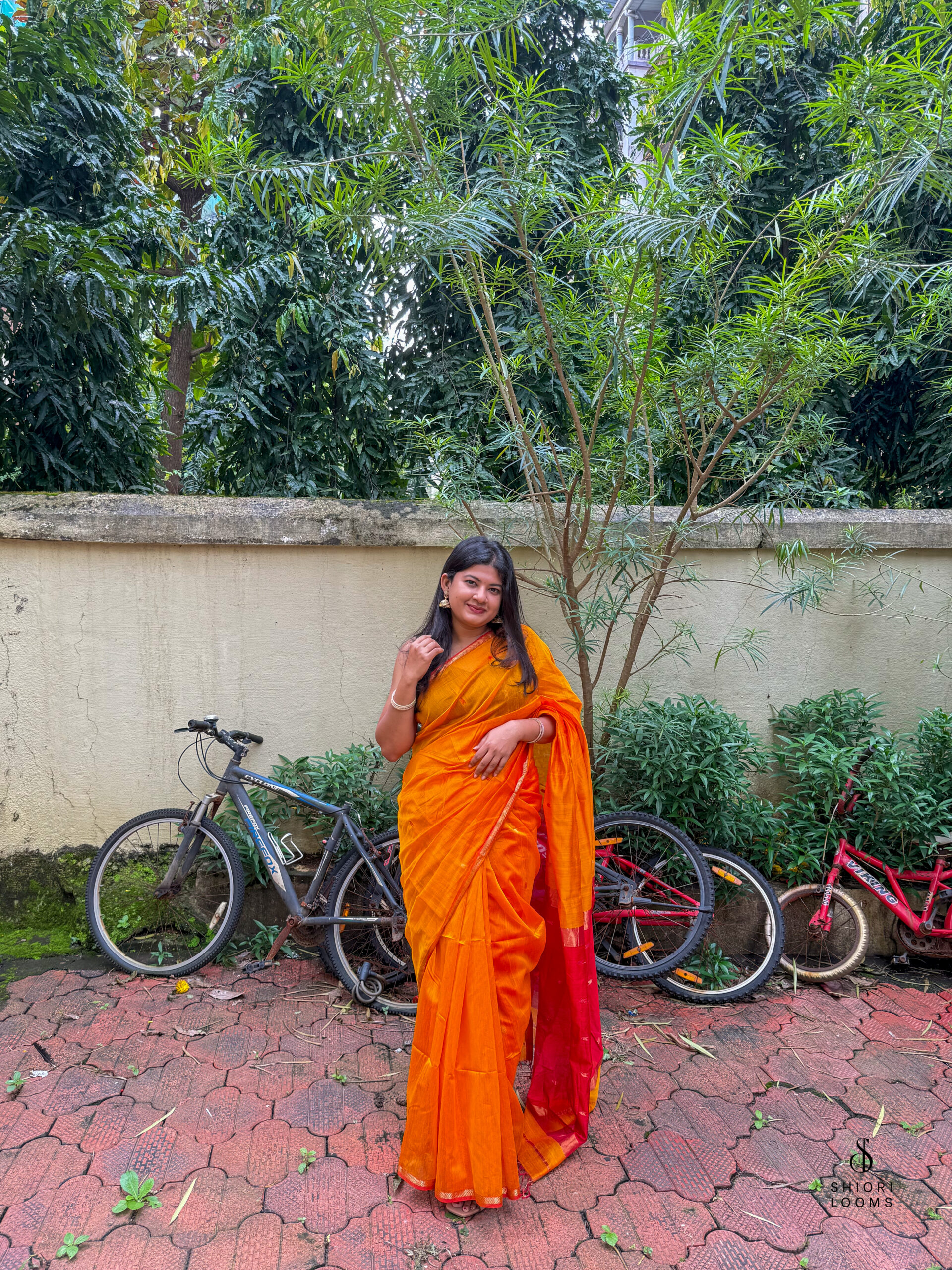 Handwoven Silk Cotton Maheshwari Saree in Yellow with Red Pallu