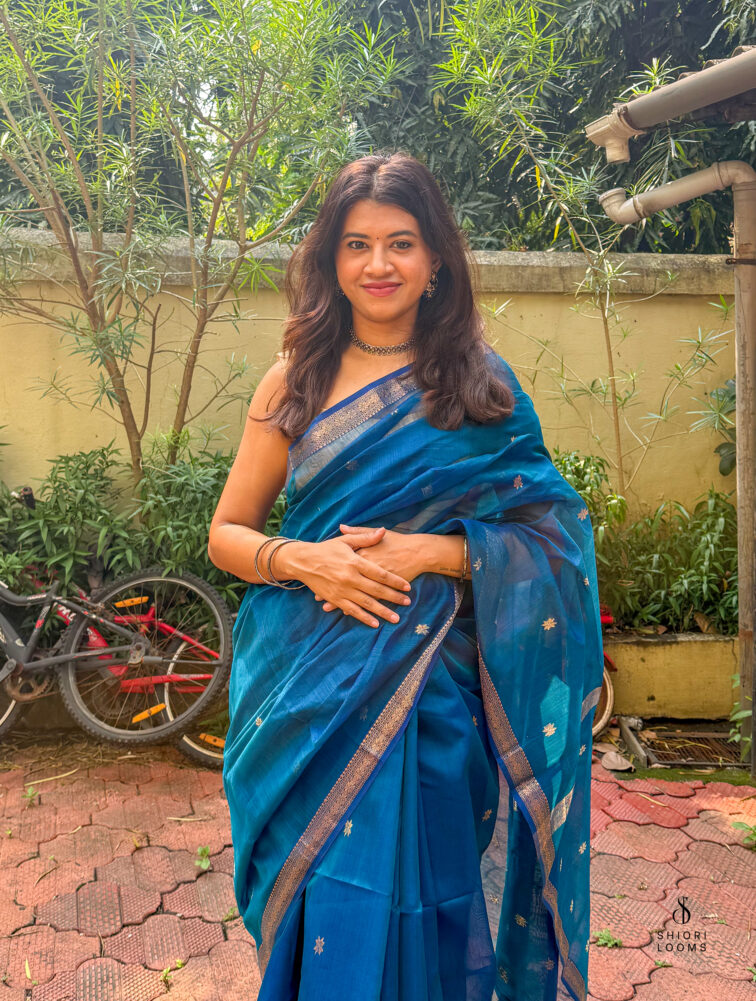 Handwoven Silk Cotton Maheshwari Saree in Peacock Blue