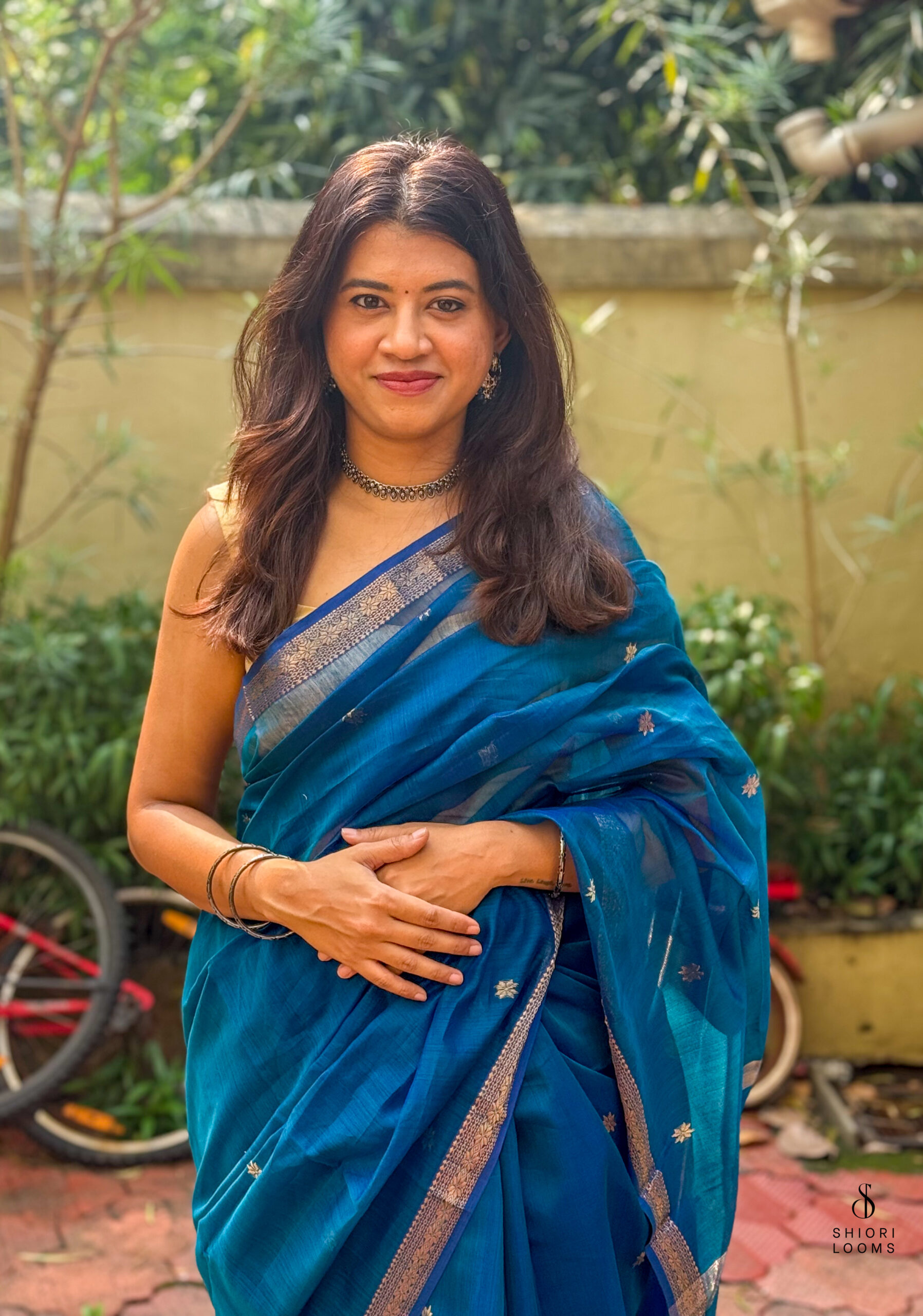 Handwoven Silk Cotton Maheshwari Saree in Peacock Blue