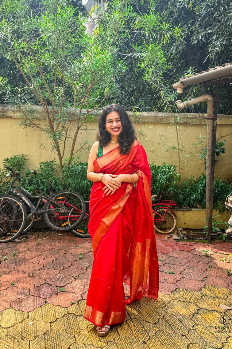 Handwoven Silk Cotton Maheshwari Saree in Shaded Red