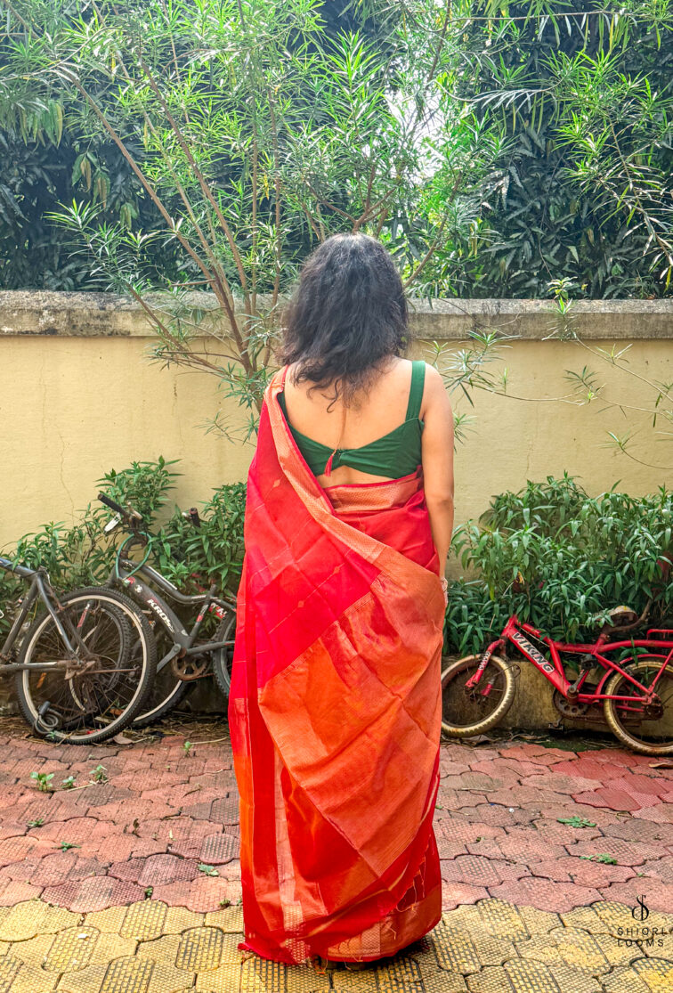Handwoven Silk Cotton Maheshwari Saree in Shaded Red