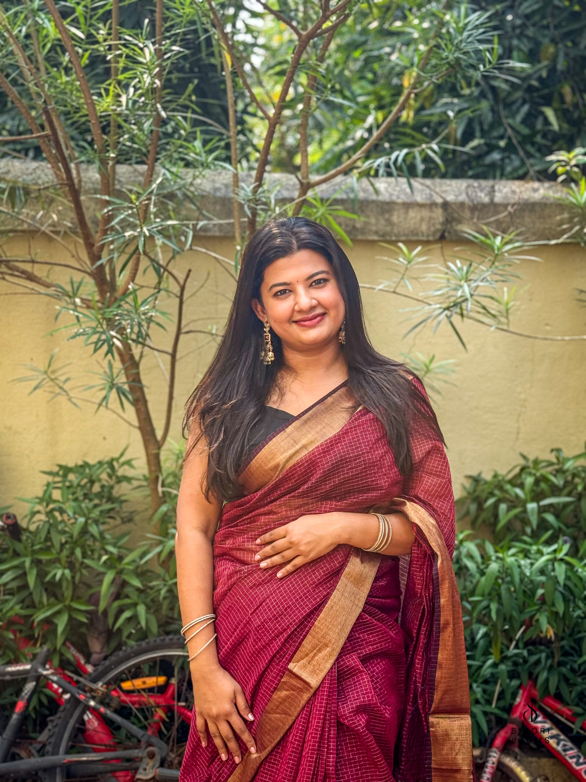 Handwoven Silk Cotton Maheshwari Saree in Maroon with Zari Checks