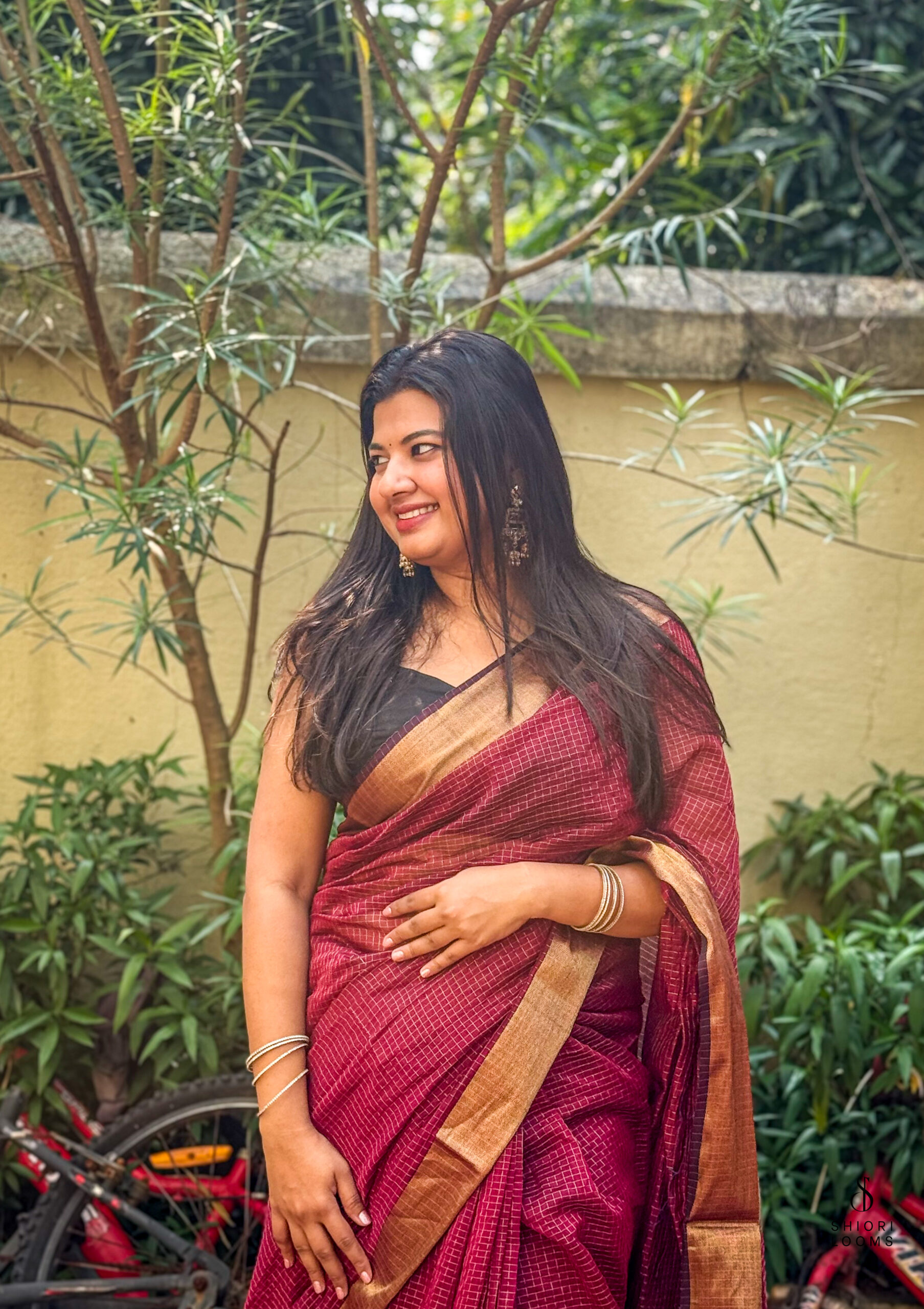 Handwoven Silk Cotton Maheshwari Saree in Maroon with Zari Checks
