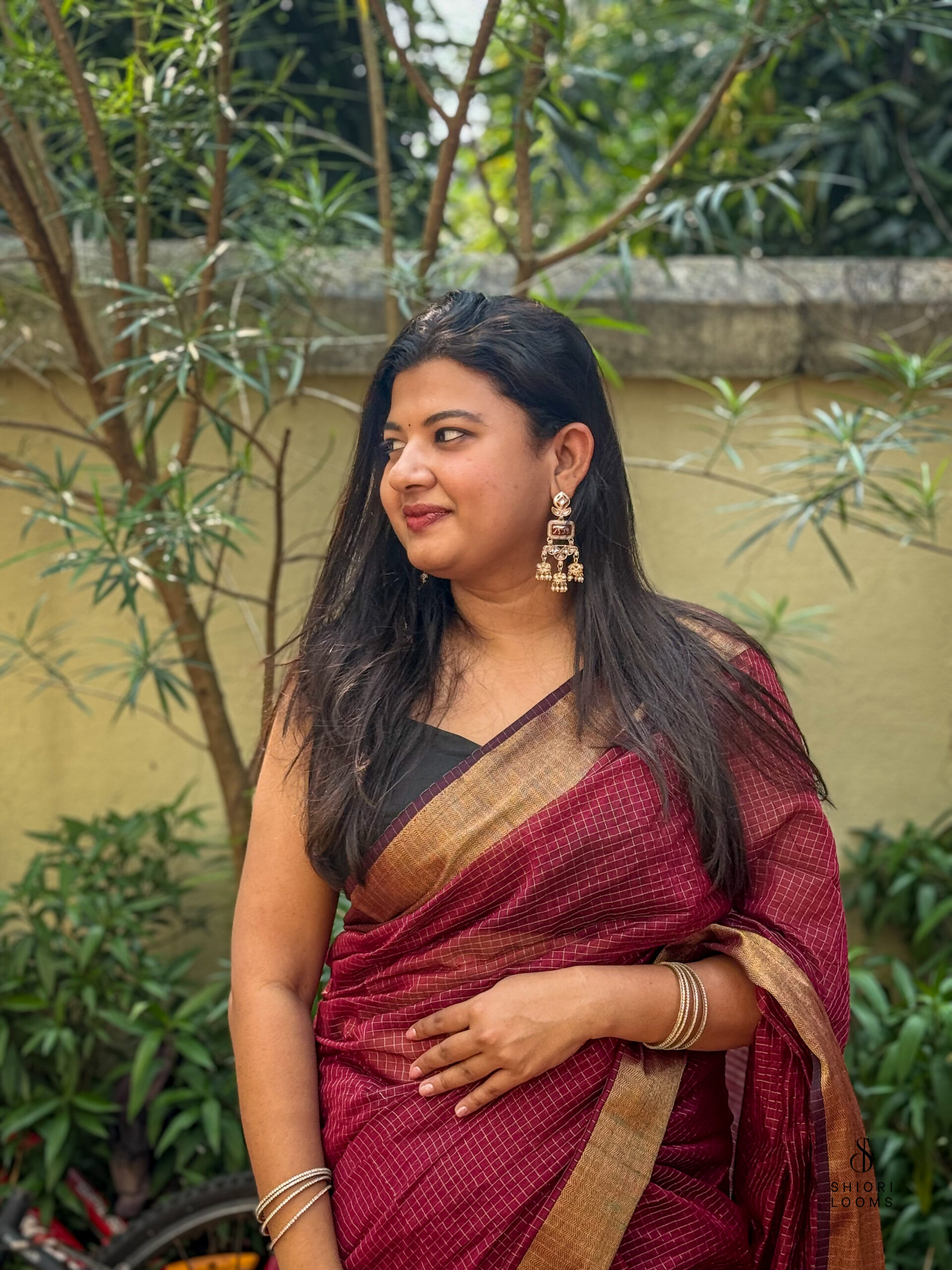 Handwoven Silk Cotton Maheshwari Saree in Maroon with Zari Checks