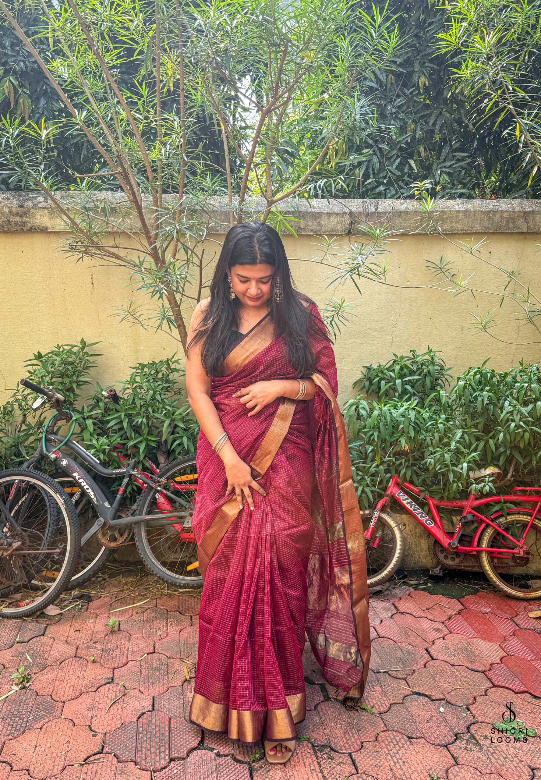 Handwoven Silk Cotton Maheshwari Saree in Maroon with Zari Checks