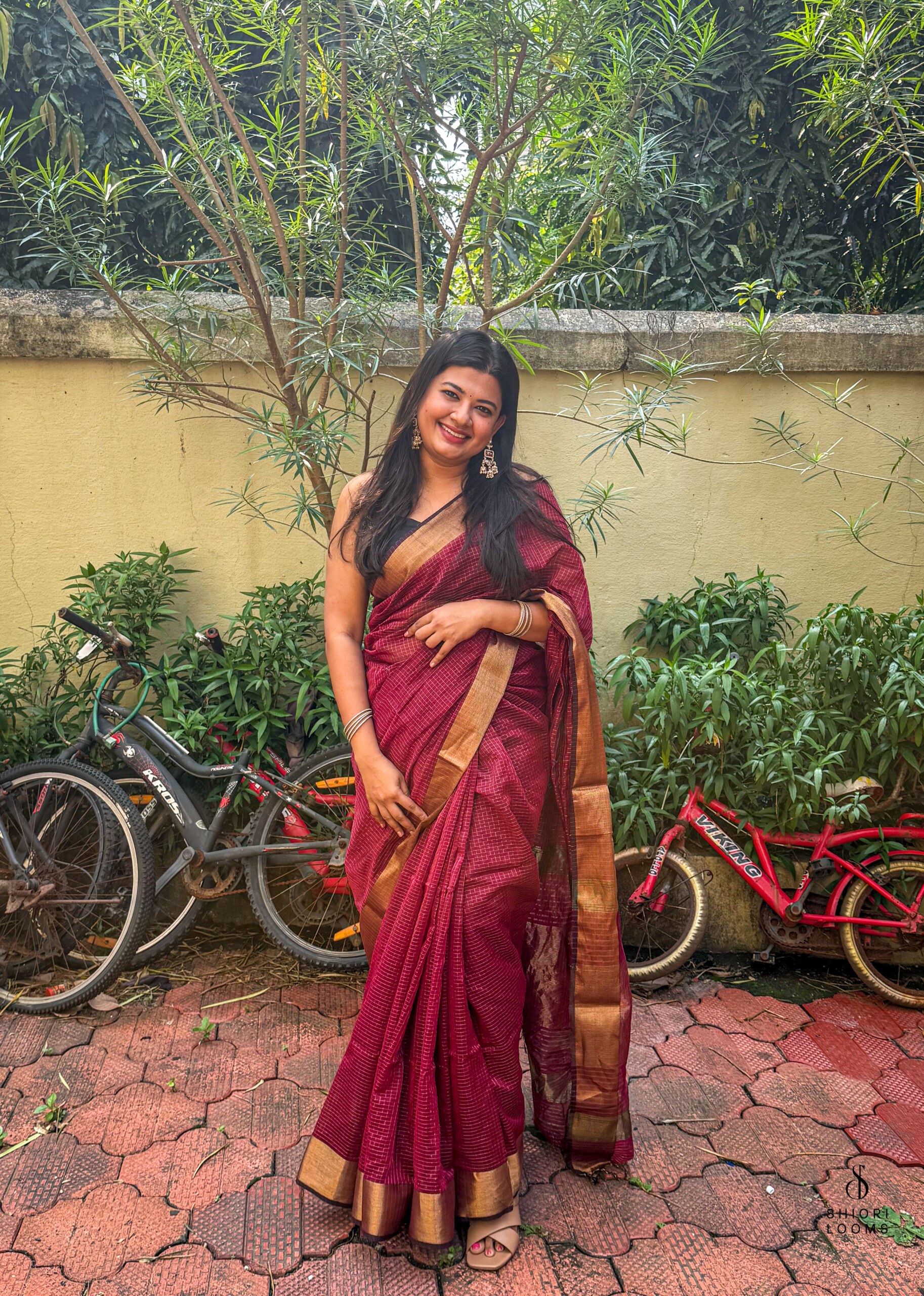 Handwoven Silk Cotton Maheshwari Saree in Maroon with Zari Checks