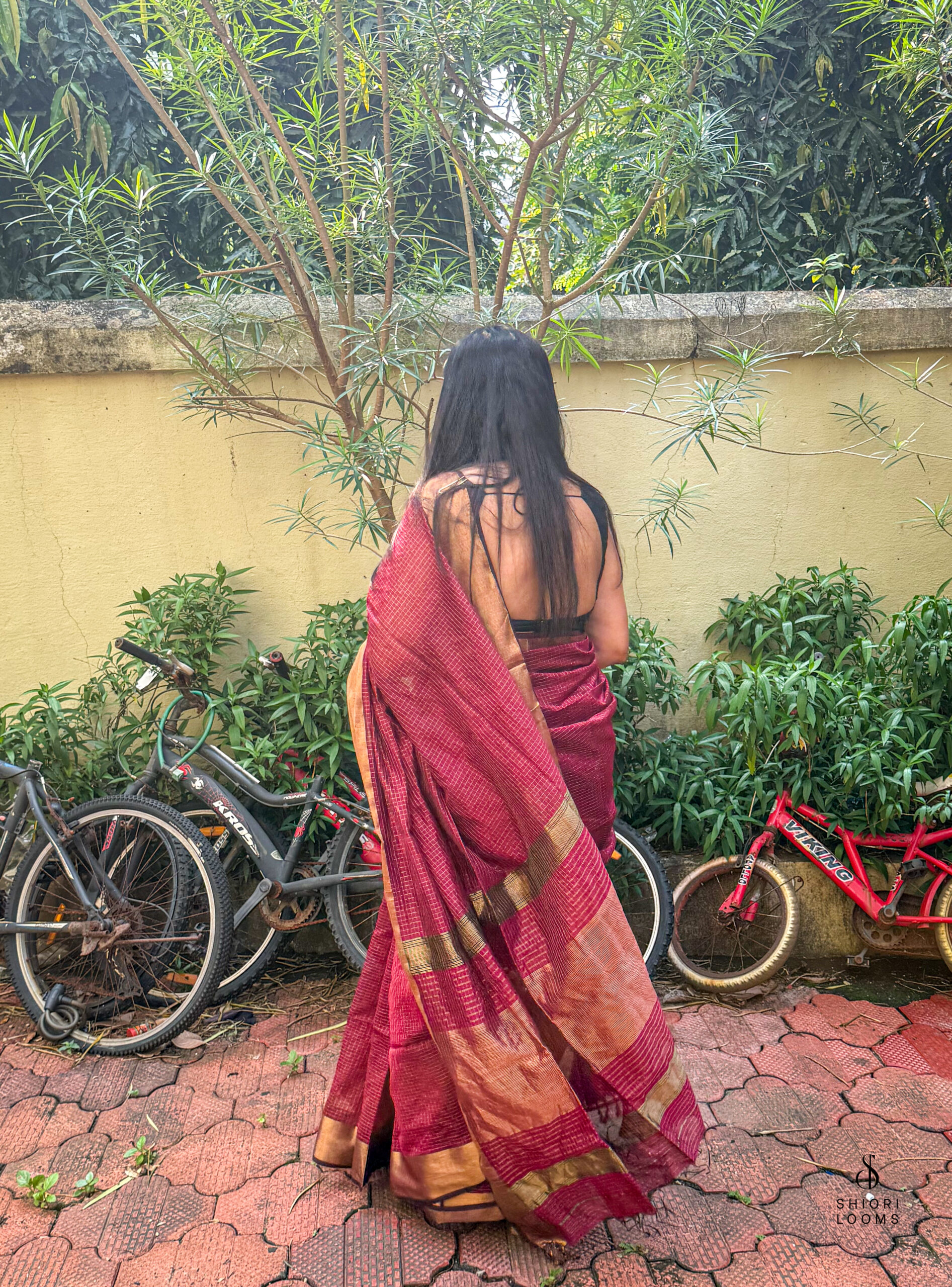Handwoven Silk Cotton Maheshwari Saree in Maroon with Zari Checks