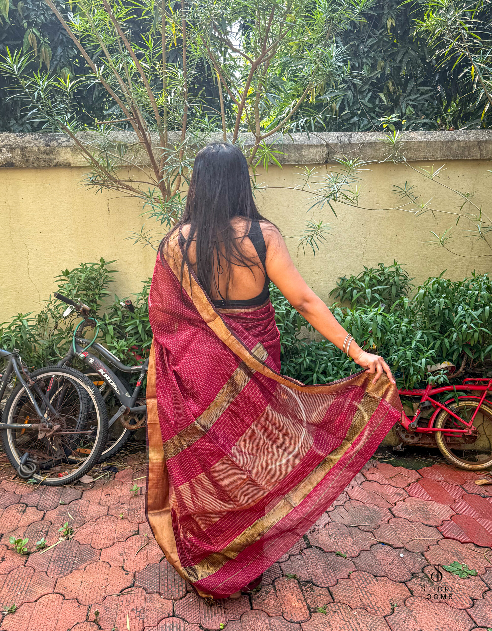 Handwoven Silk Cotton Maheshwari Saree in Maroon with Zari Checks