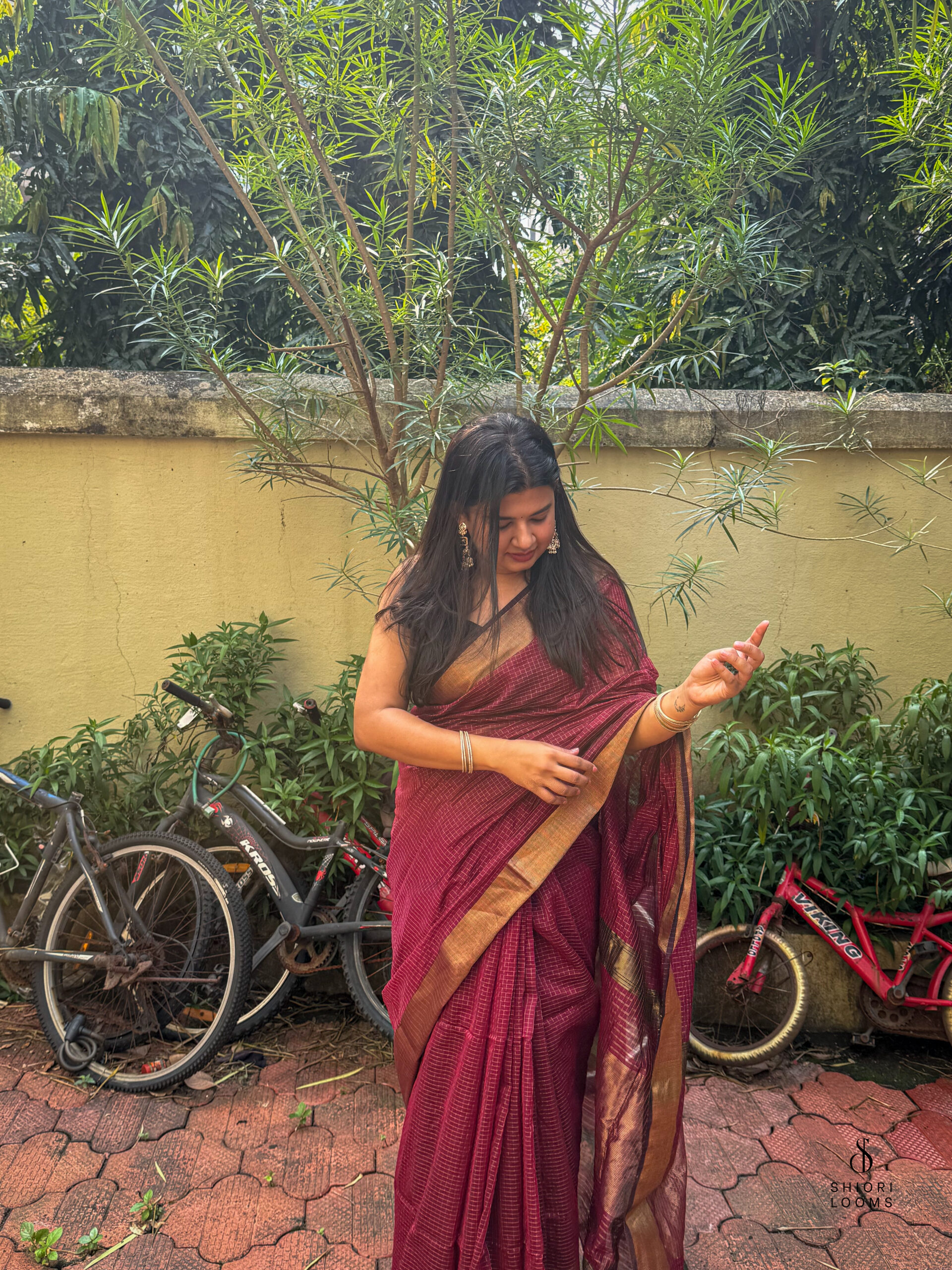 Handwoven Silk Cotton Maheshwari Saree in Maroon with Zari Checks