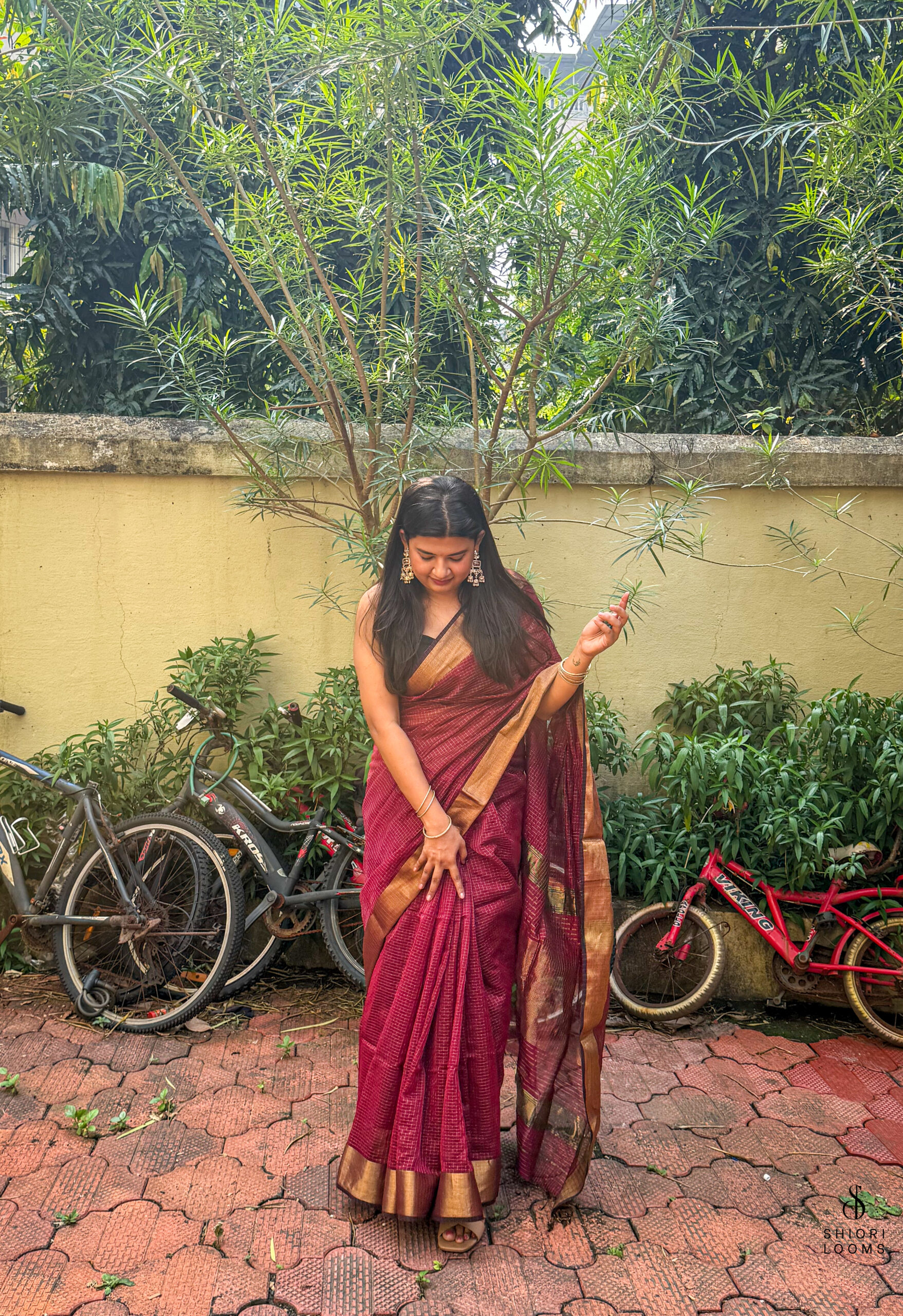 Handwoven Silk Cotton Maheshwari Saree in Maroon with Zari Checks