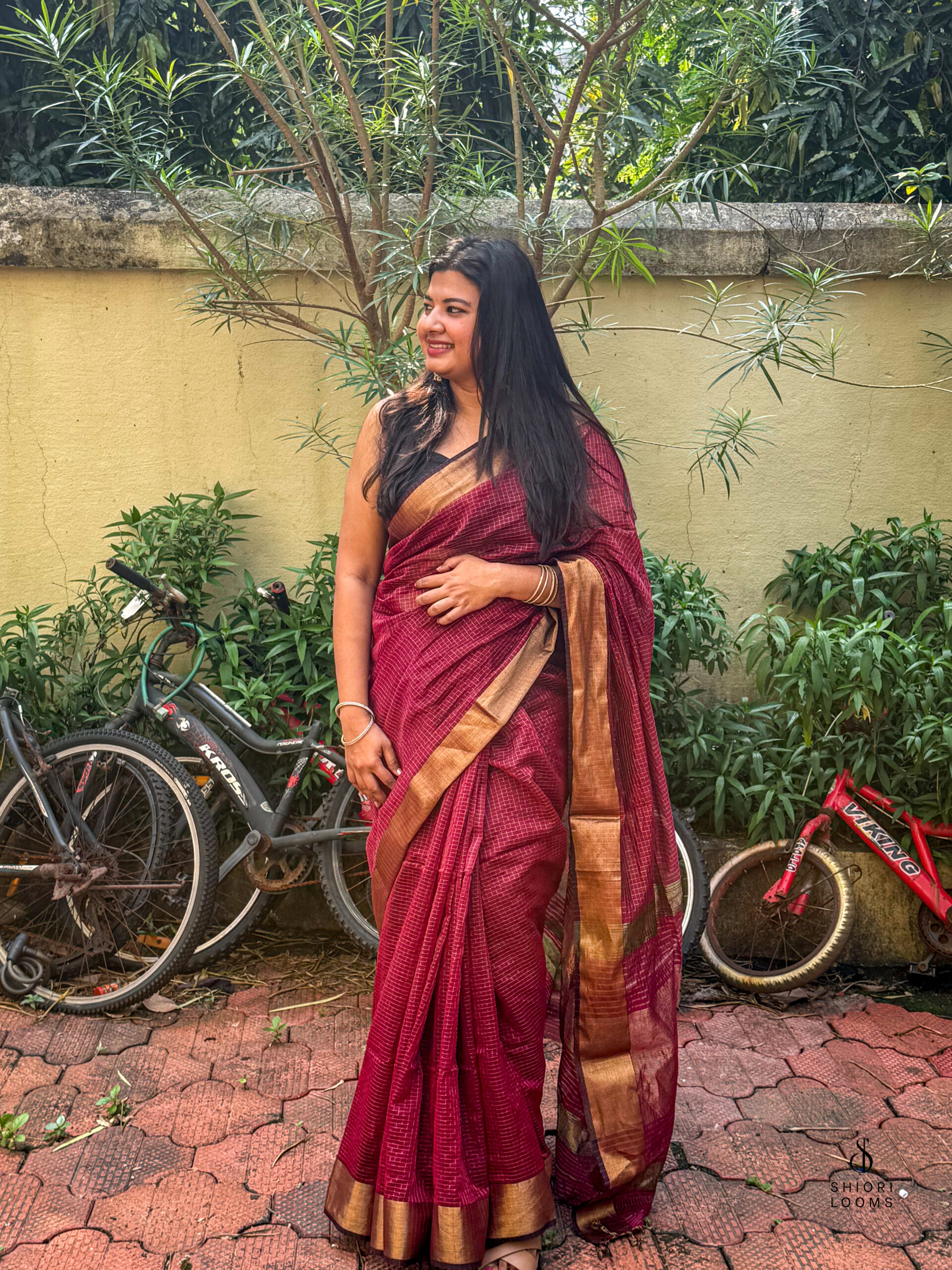 Handwoven Silk Cotton Maheshwari Saree in Maroon with Zari Checks