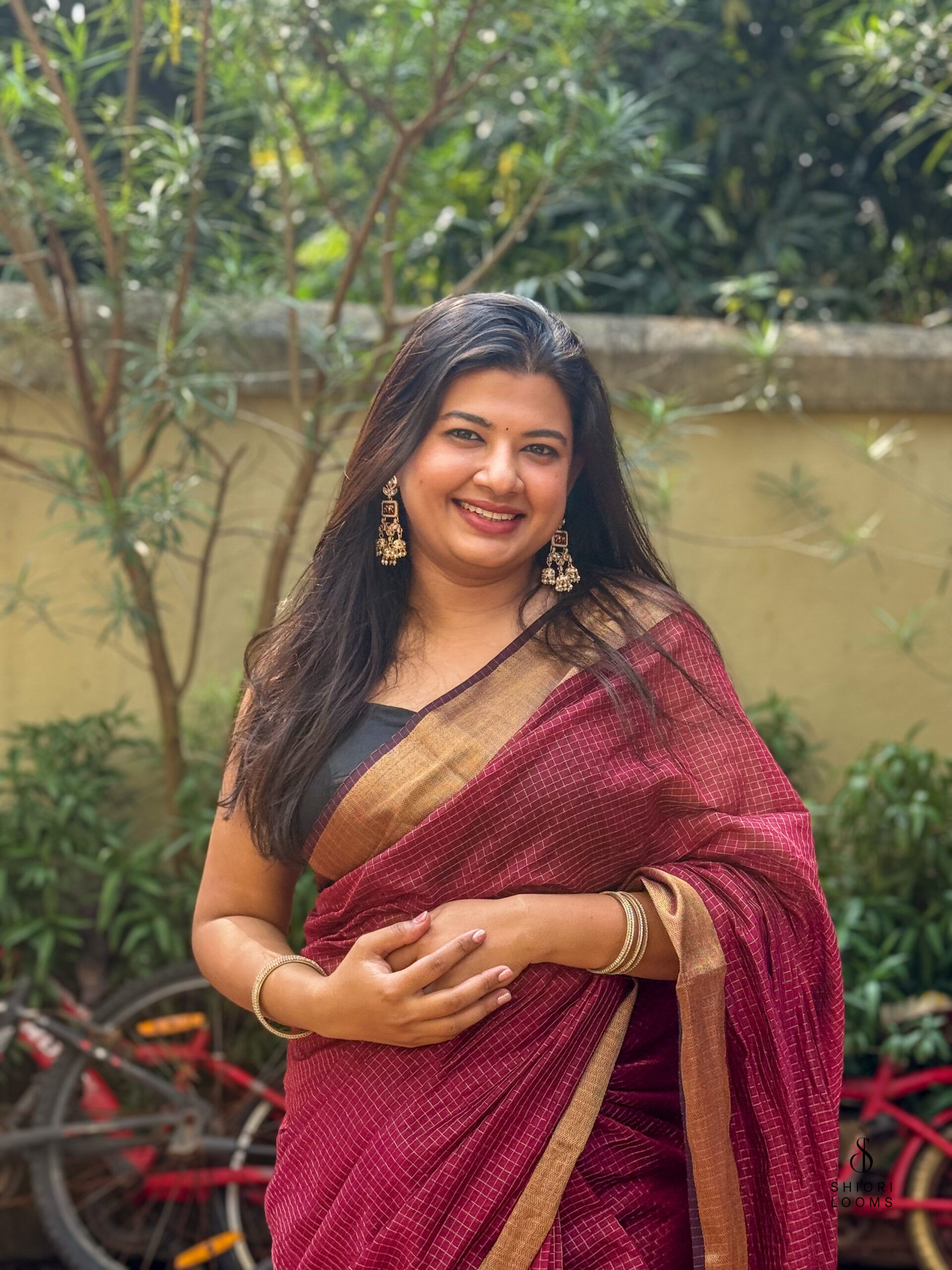 Handwoven Silk Cotton Maheshwari Saree in Maroon with Zari Checks