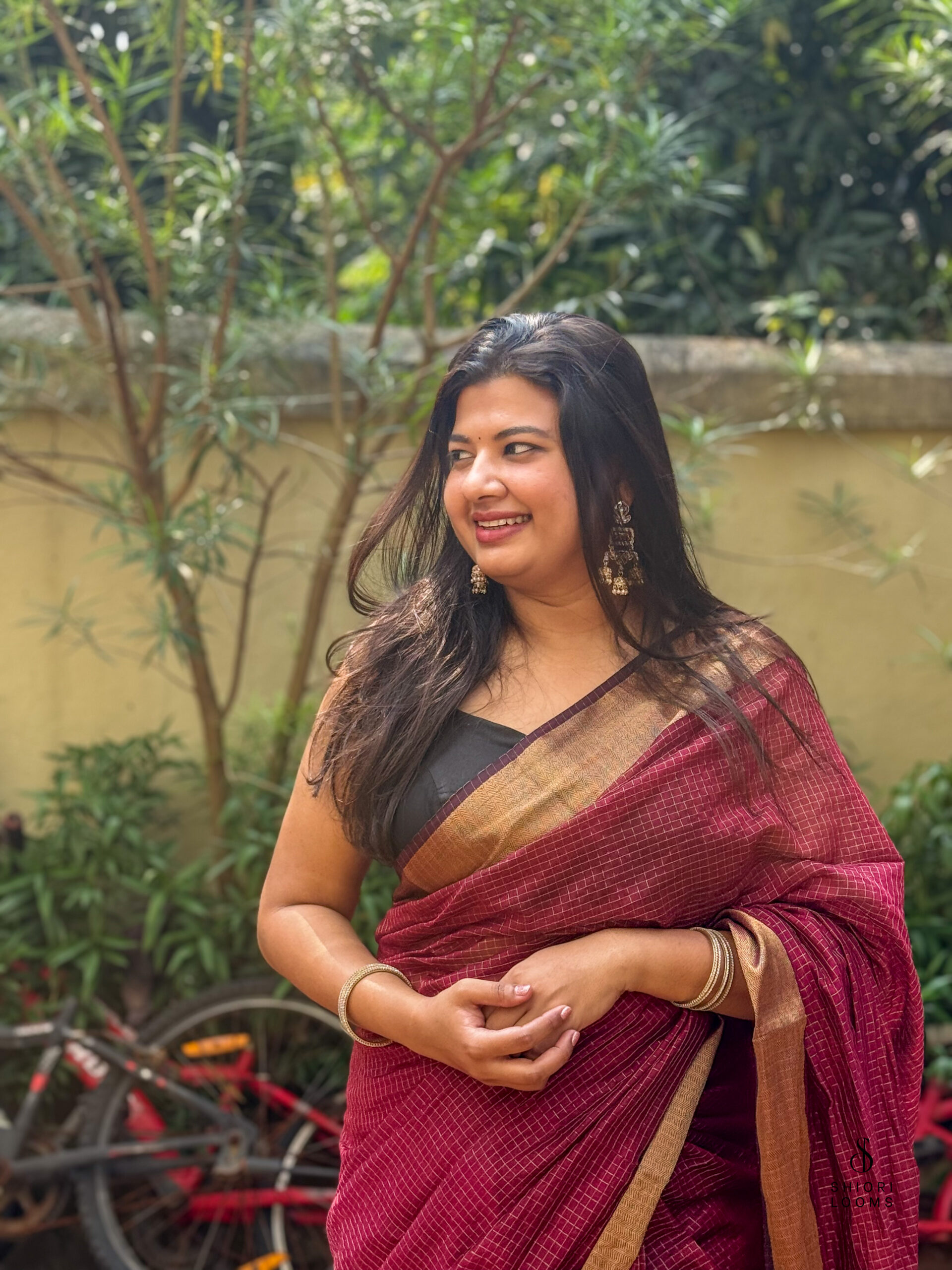 Handwoven Silk Cotton Maheshwari Saree in Maroon with Zari Checks