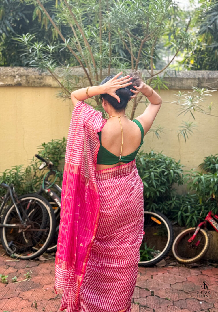 Handwoven Silk Cotton Maheshwari Saree in Pink and White Checks