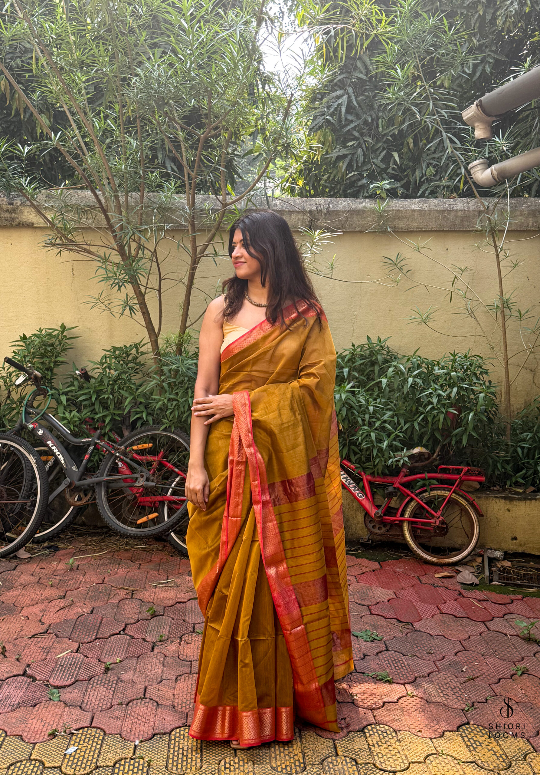 Handwoven Silk Cotton Maheshwari Saree in Mustard