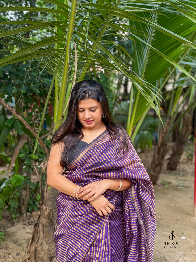 Handwoven Silk Cotton Maheshwari Saree in Violet with Tissue Stripes