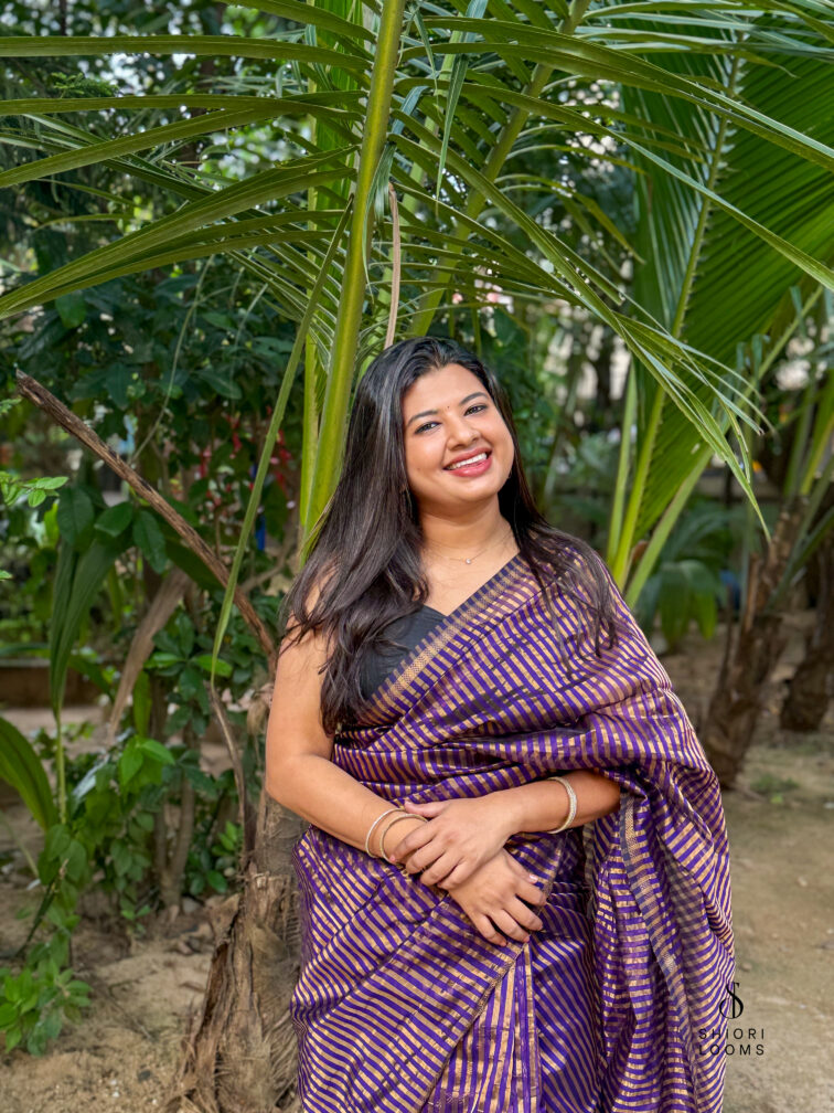 Handwoven Silk Cotton Maheshwari Saree in Violet with Tissue Stripes