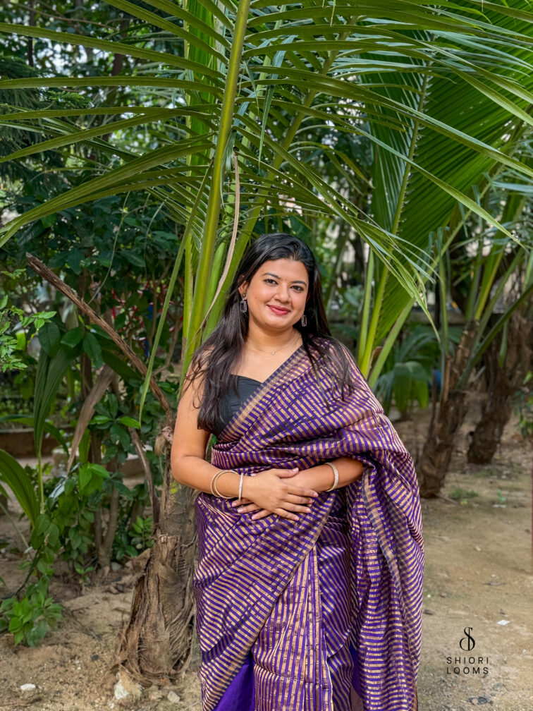 Handwoven Silk Cotton Maheshwari Saree in Violet with Tissue Stripes