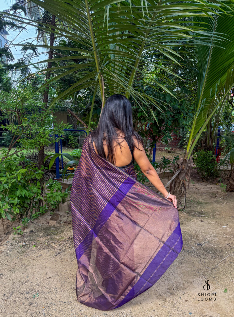 Handwoven Silk Cotton Maheshwari Saree in Violet with Tissue Stripes