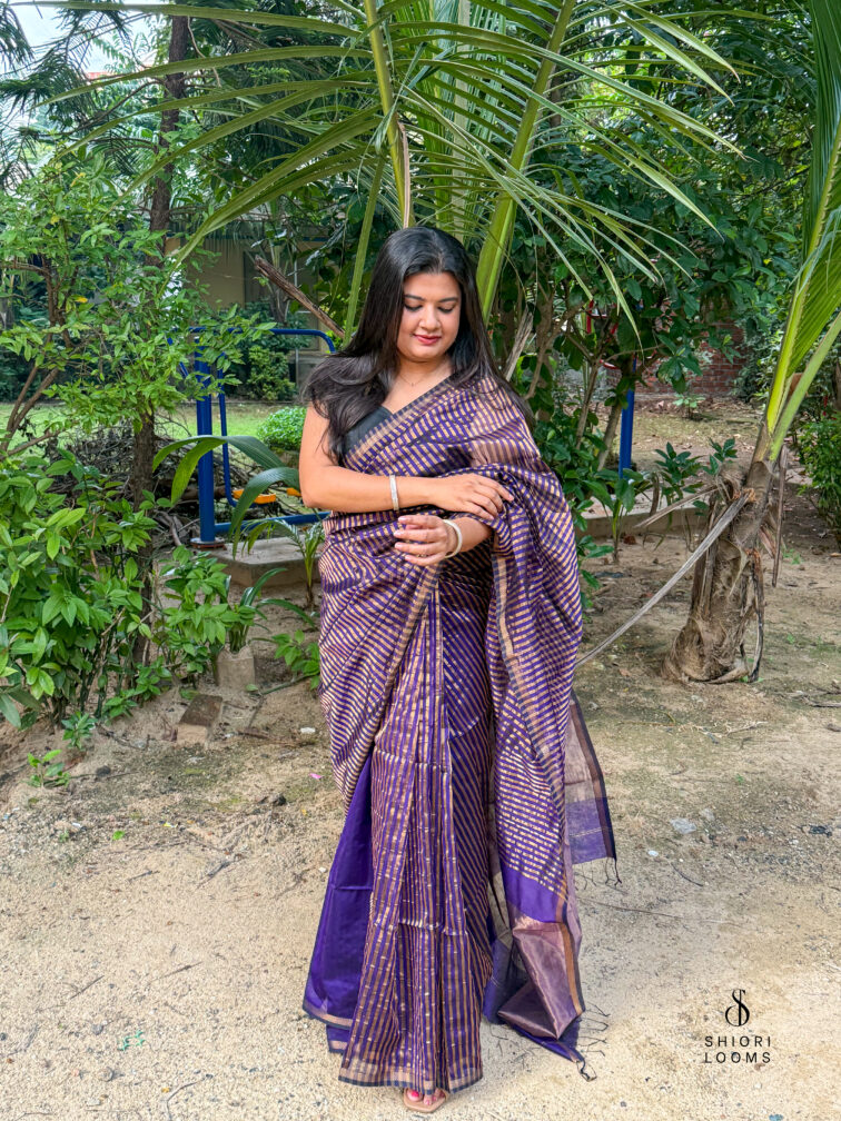 Handwoven Silk Cotton Maheshwari Saree in Violet with Tissue Stripes