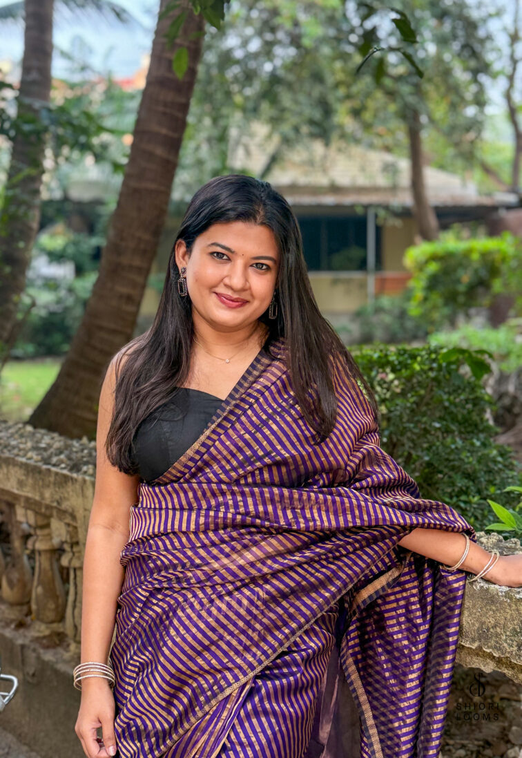 Handwoven Silk Cotton Maheshwari Saree in Violet with Tissue Stripes