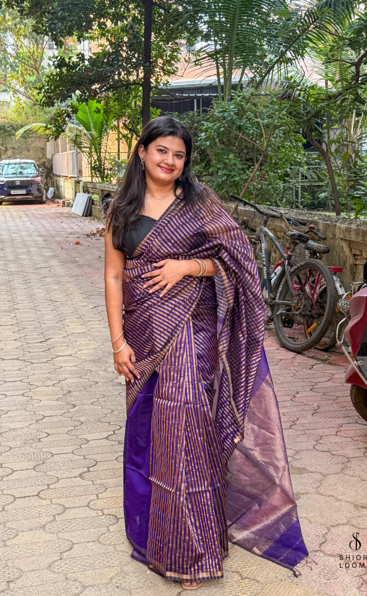 Handwoven Silk Cotton Maheshwari Saree in Violet with Tissue Stripes