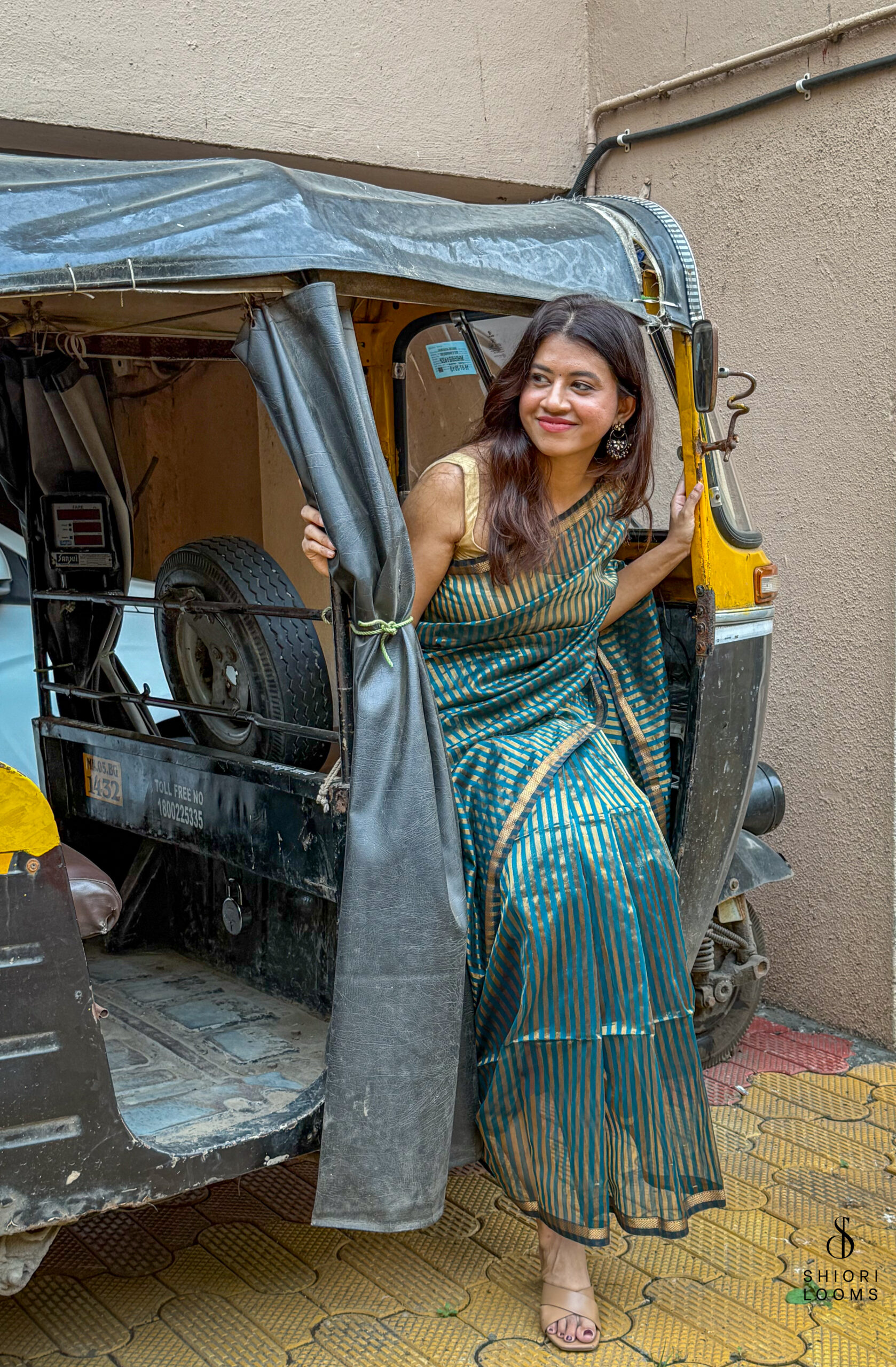 Handwoven Silk Cotton Maheshwari Saree in Peacock Blue with Tissue Stripes