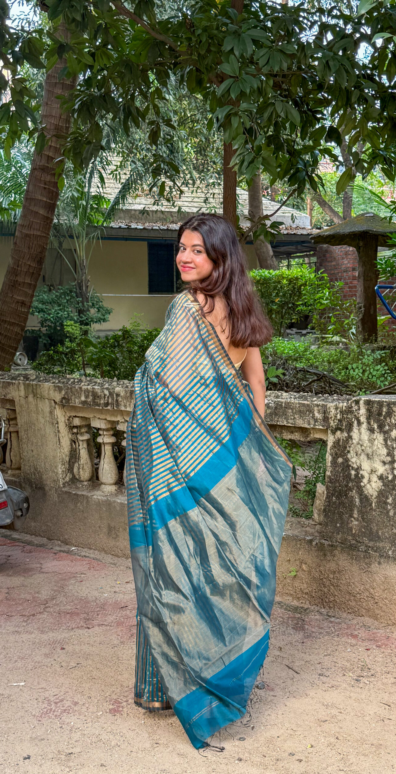 Handwoven Silk Cotton Maheshwari Saree in Peacock Blue with Tissue Stripes