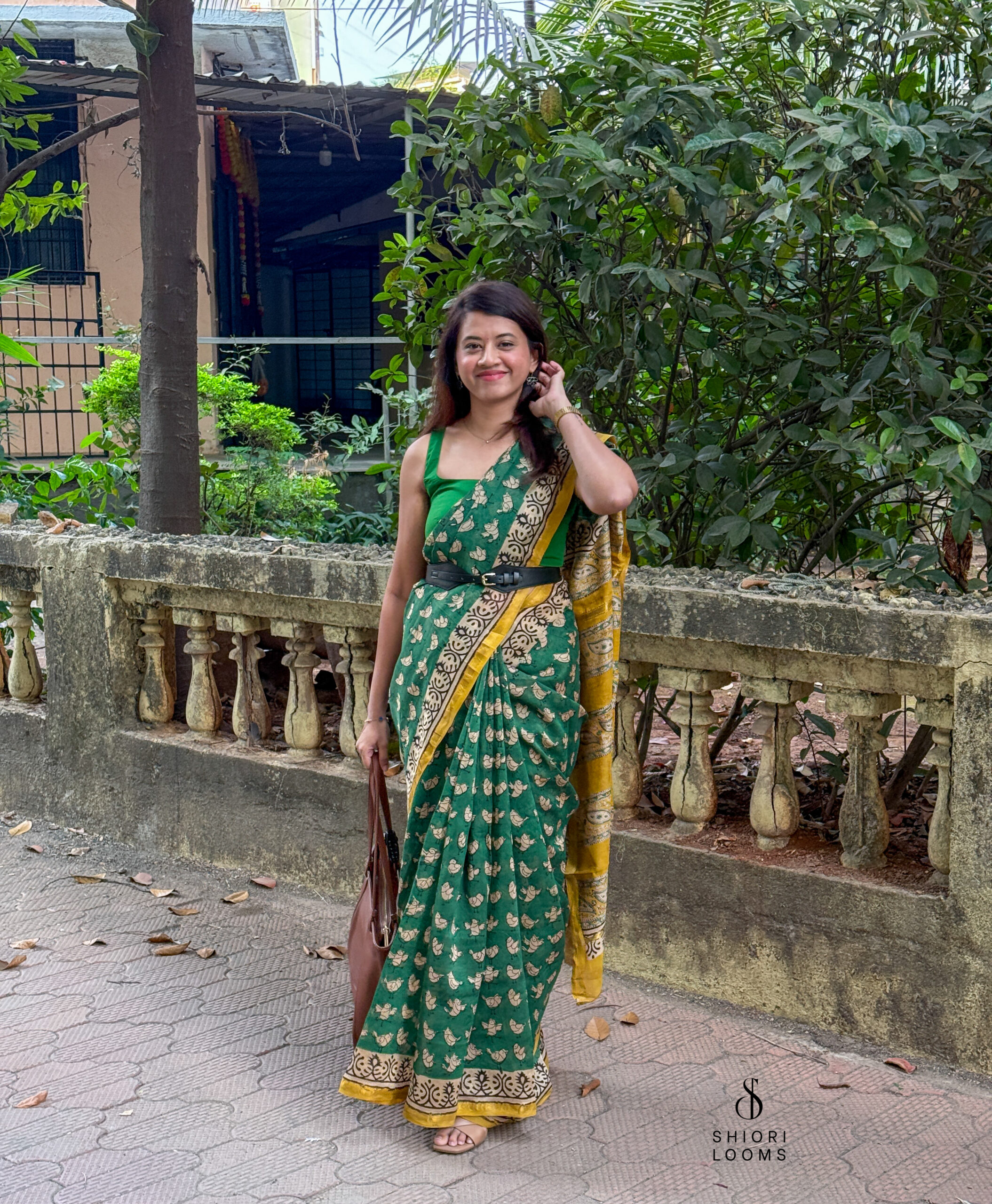 Handblock Printed Chanderi Saree in Green and Yellow