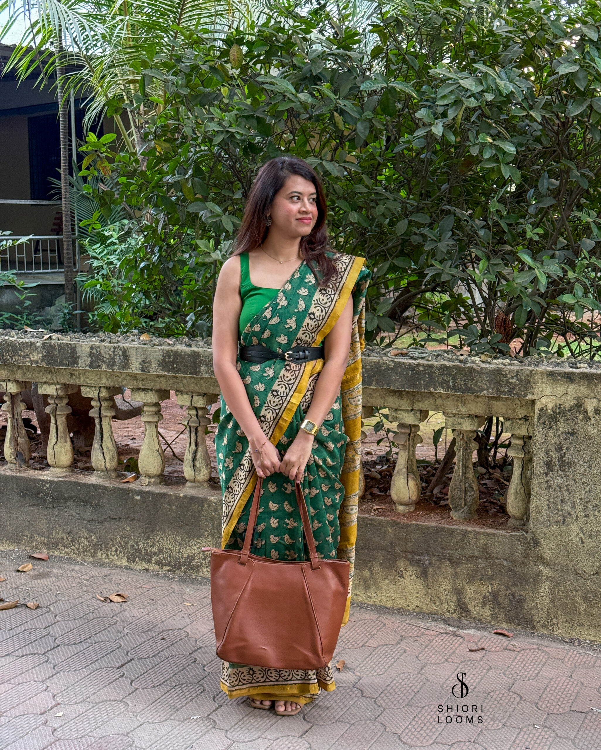 Handblock Printed Chanderi Saree in Green and Yellow
