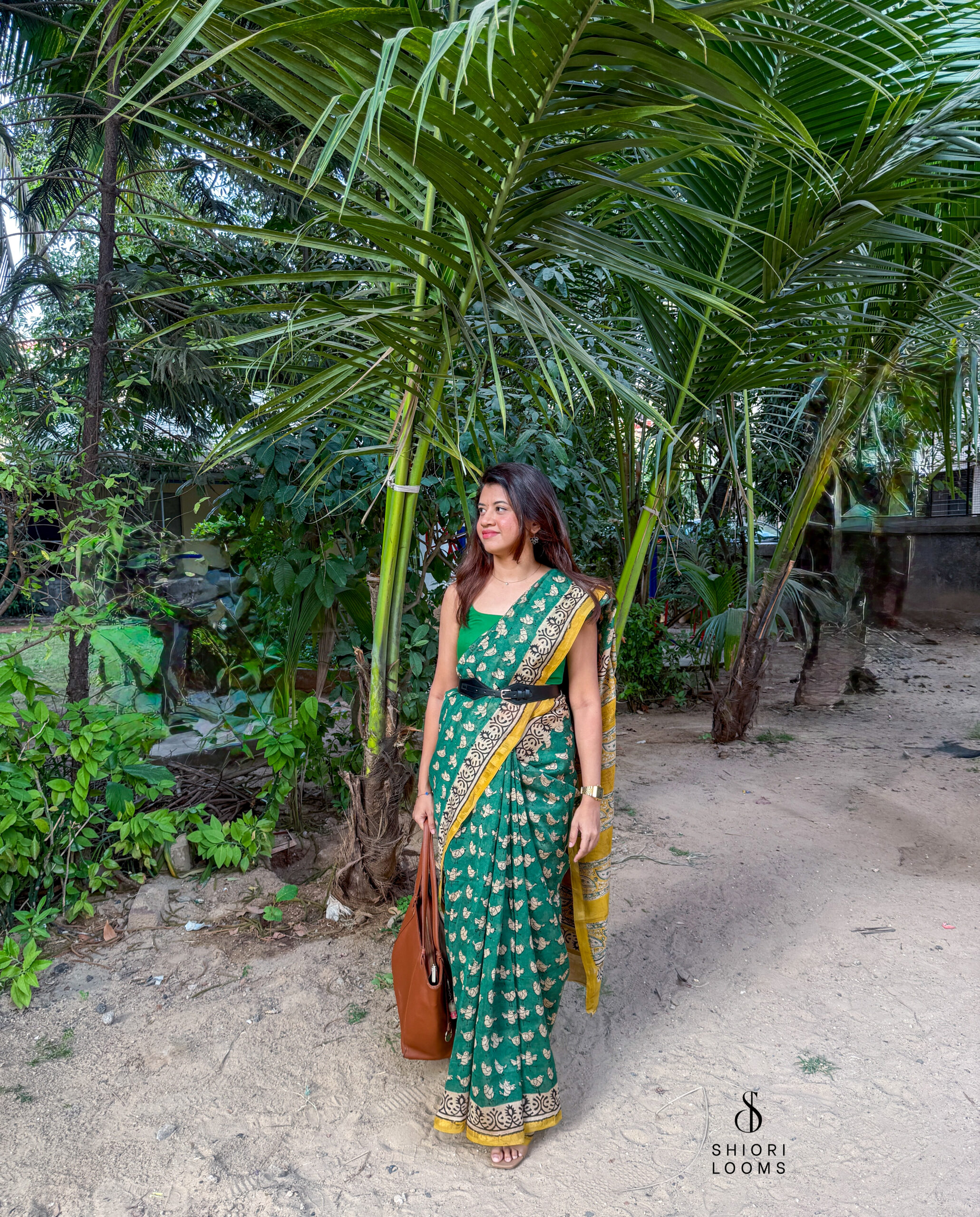 Handblock Printed Chanderi Saree in Green and Yellow