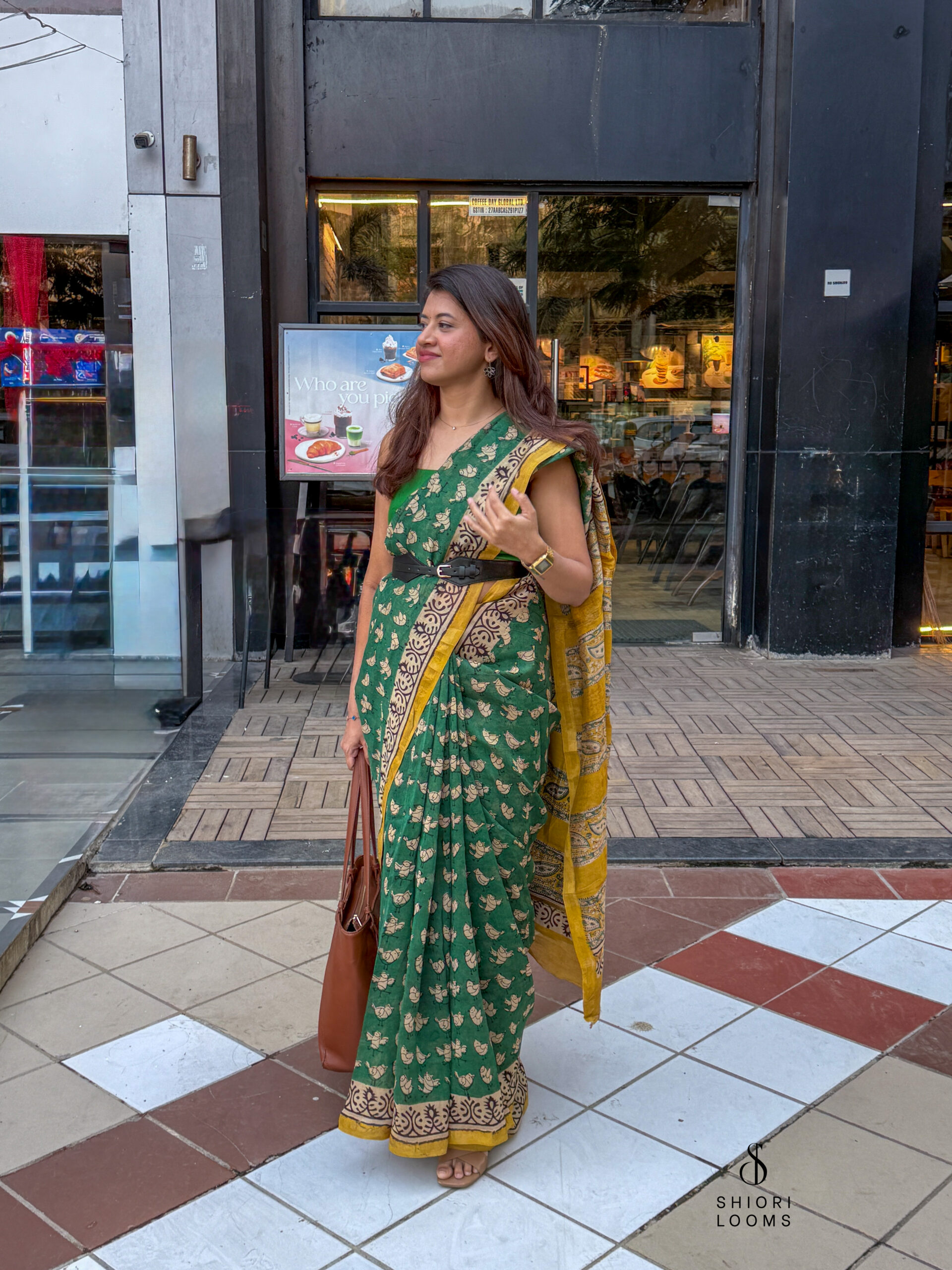 Handblock Printed Chanderi Saree in Green and Yellow