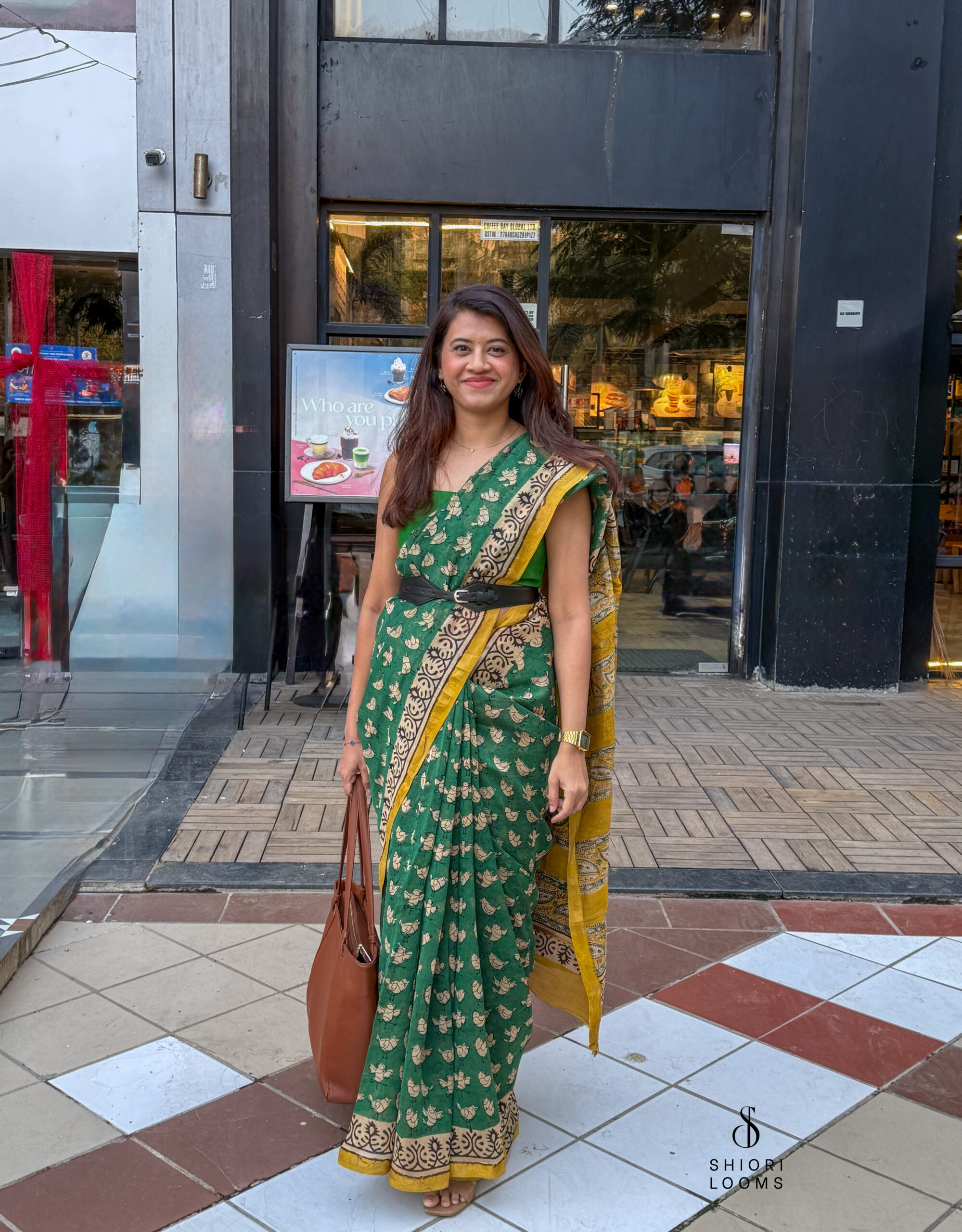 Handblock Printed Chanderi Saree in Green and Yellow