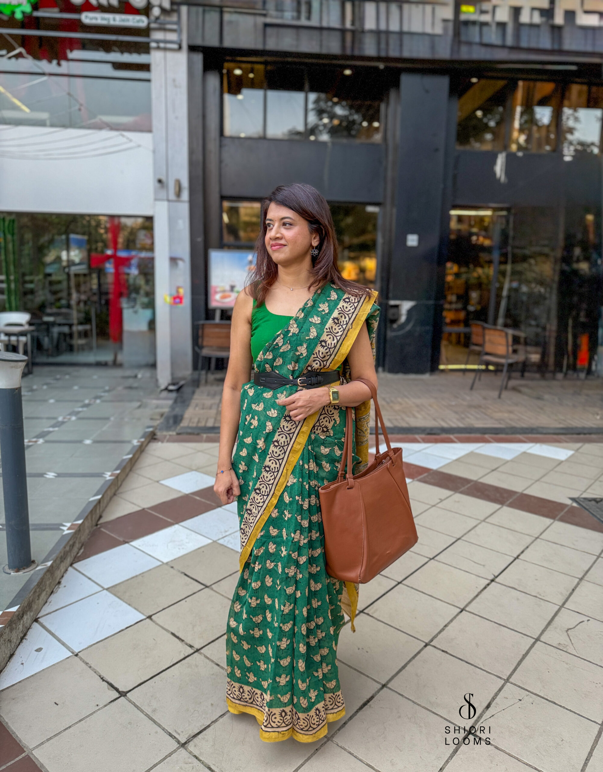 Handblock Printed Chanderi Saree in Green and Yellow