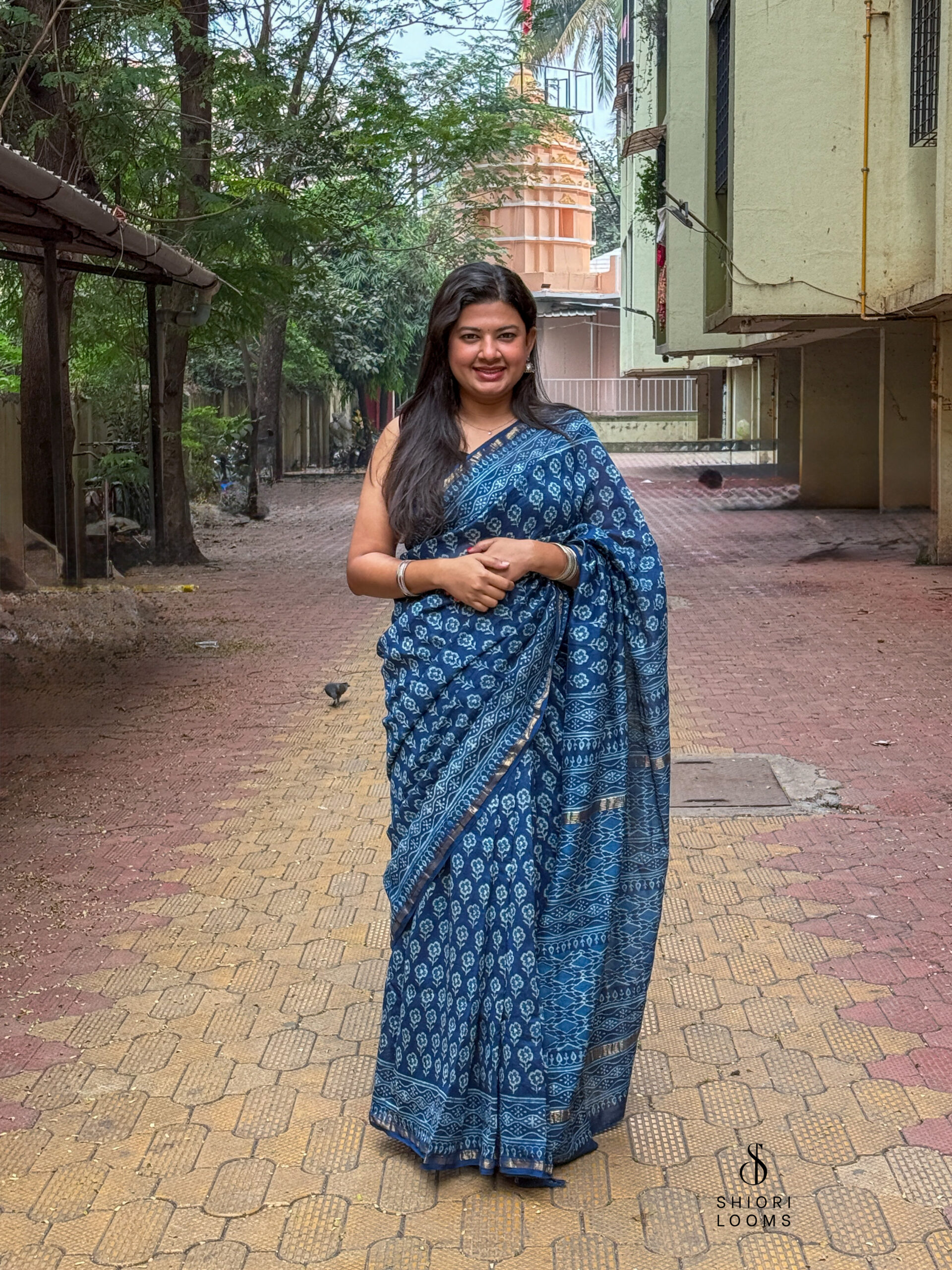 Handblock Printed Chanderi Saree in Indigo