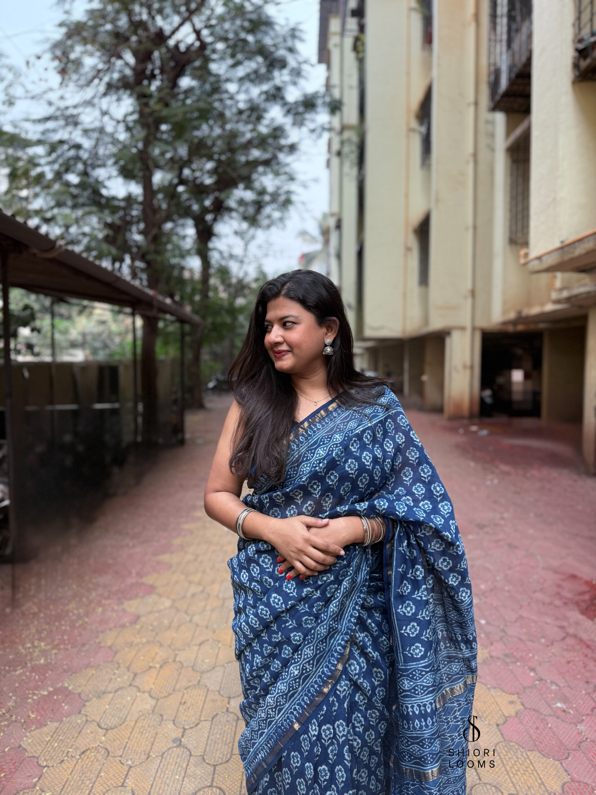 Handblock Printed Chanderi Saree in Indigo