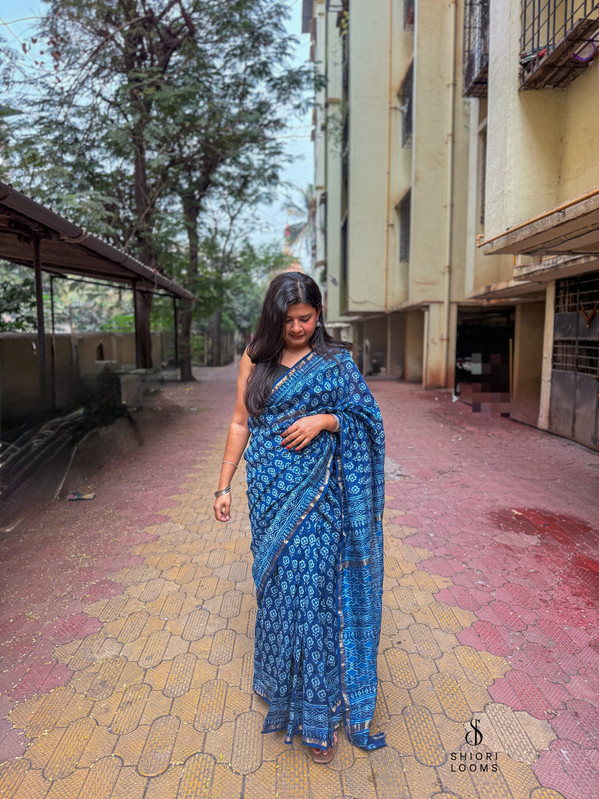 Handblock Printed Chanderi Saree in Indigo