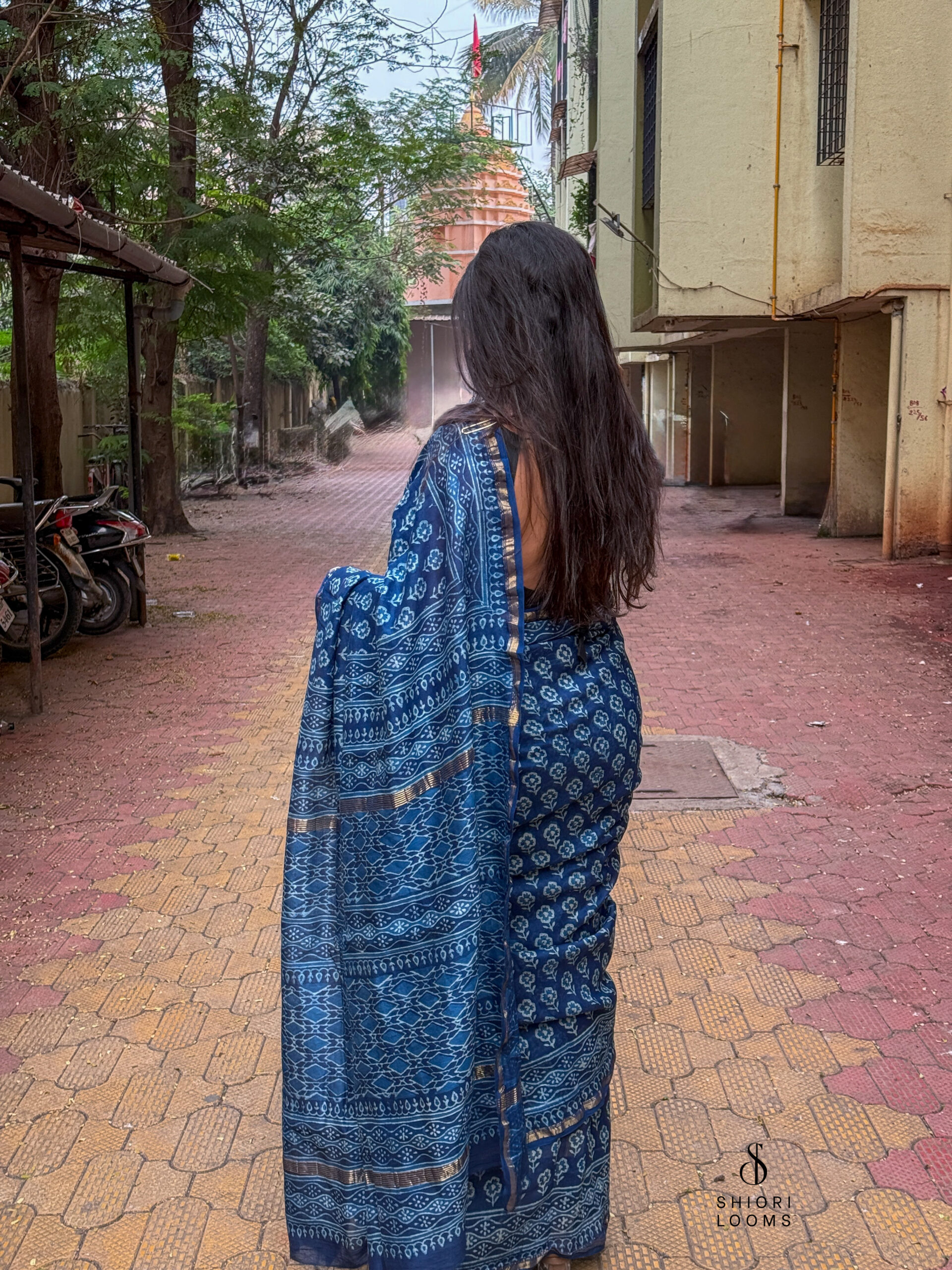 Handblock Printed Chanderi Saree in Indigo