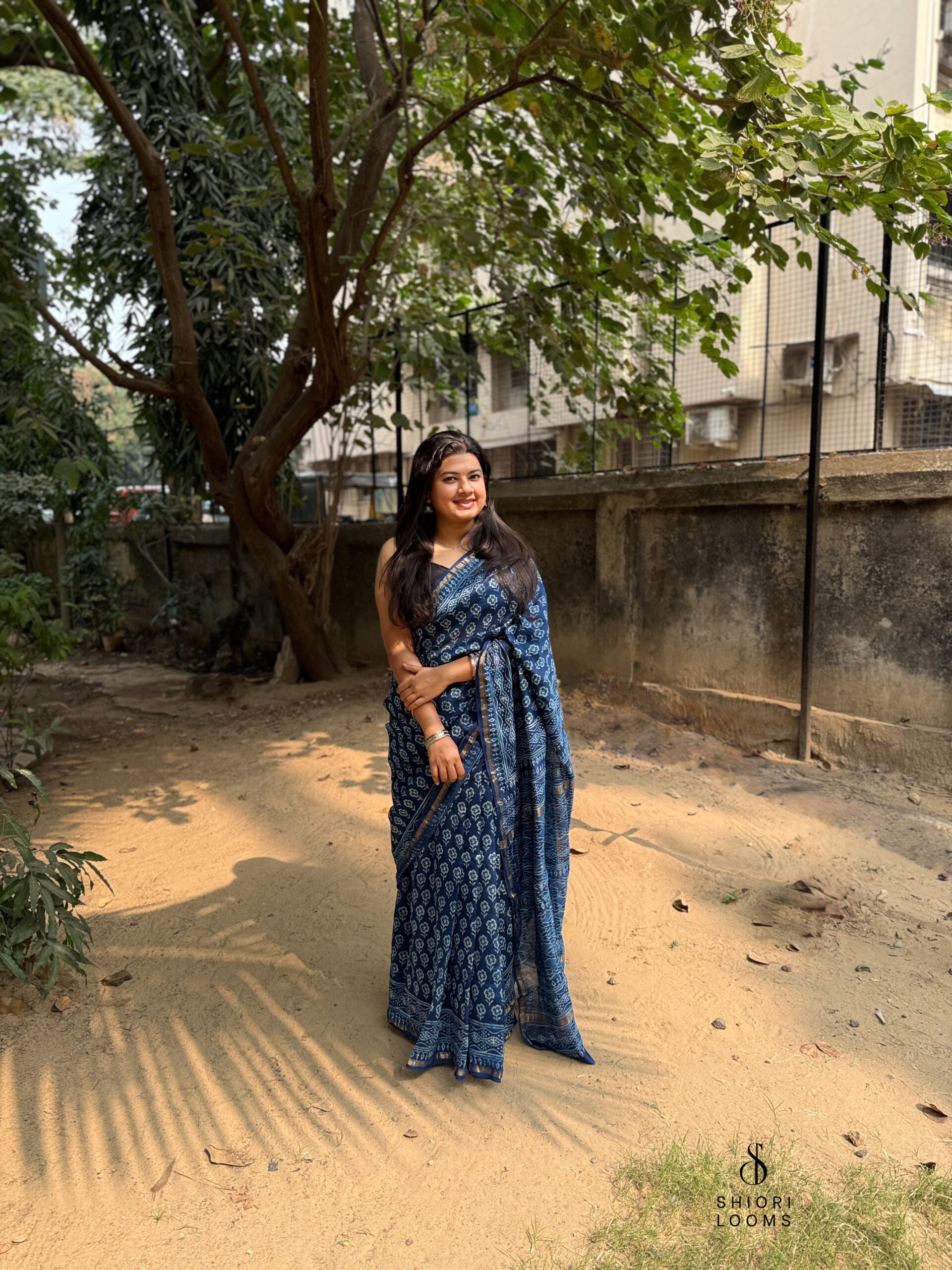 Handblock Printed Chanderi Saree in Indigo
