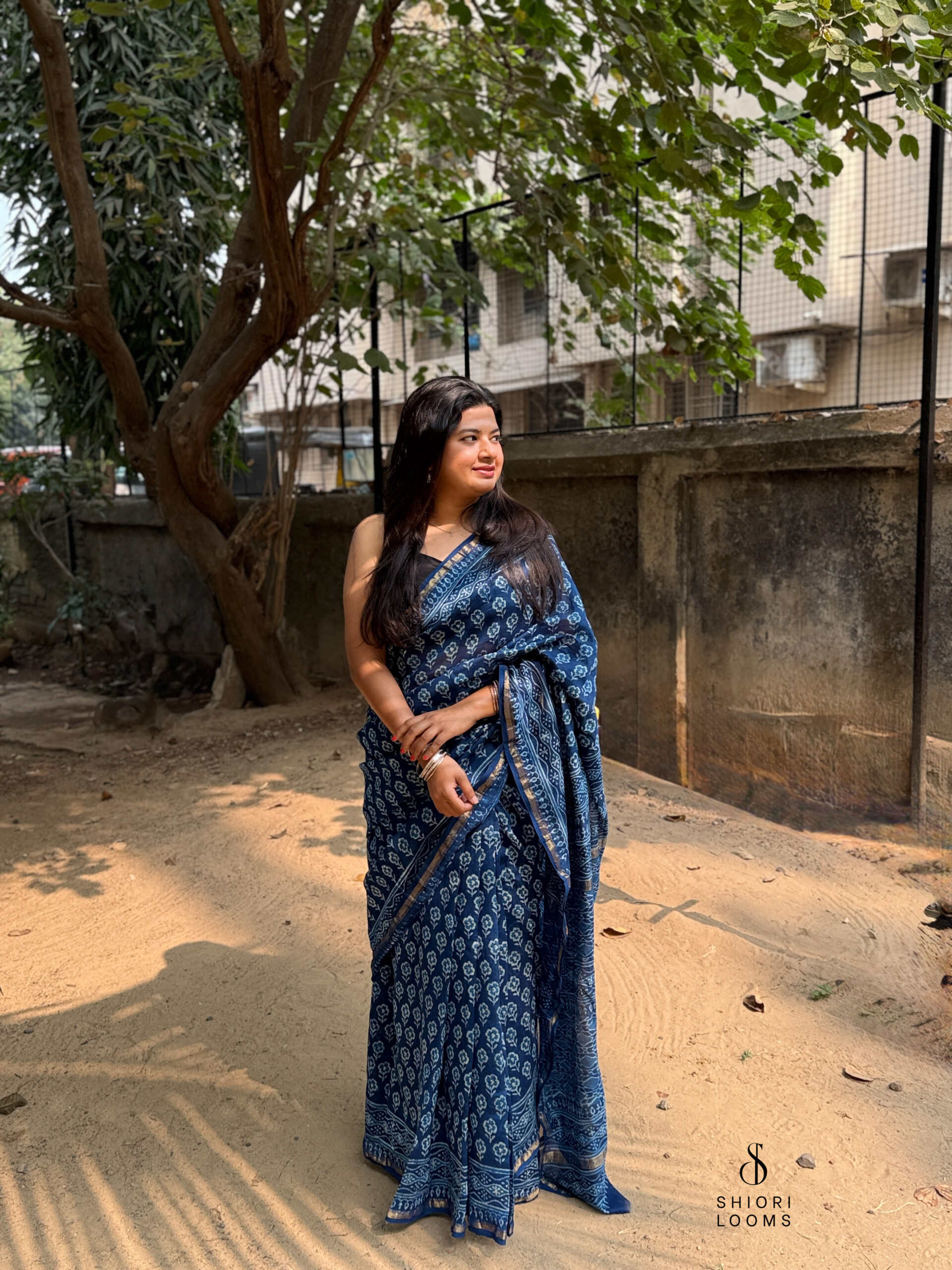 Handblock Printed Chanderi Saree in Indigo