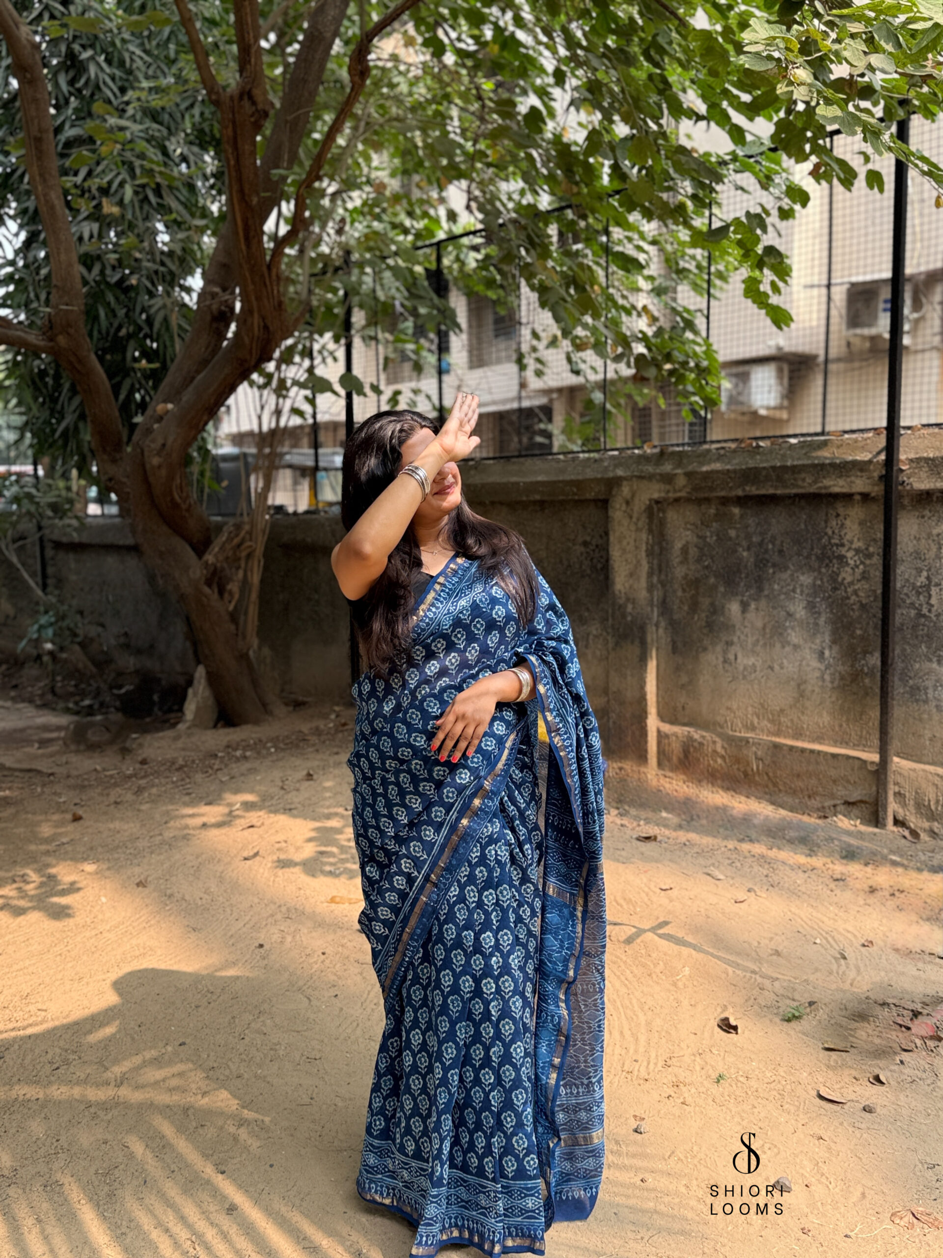 Handblock Printed Chanderi Saree in Indigo