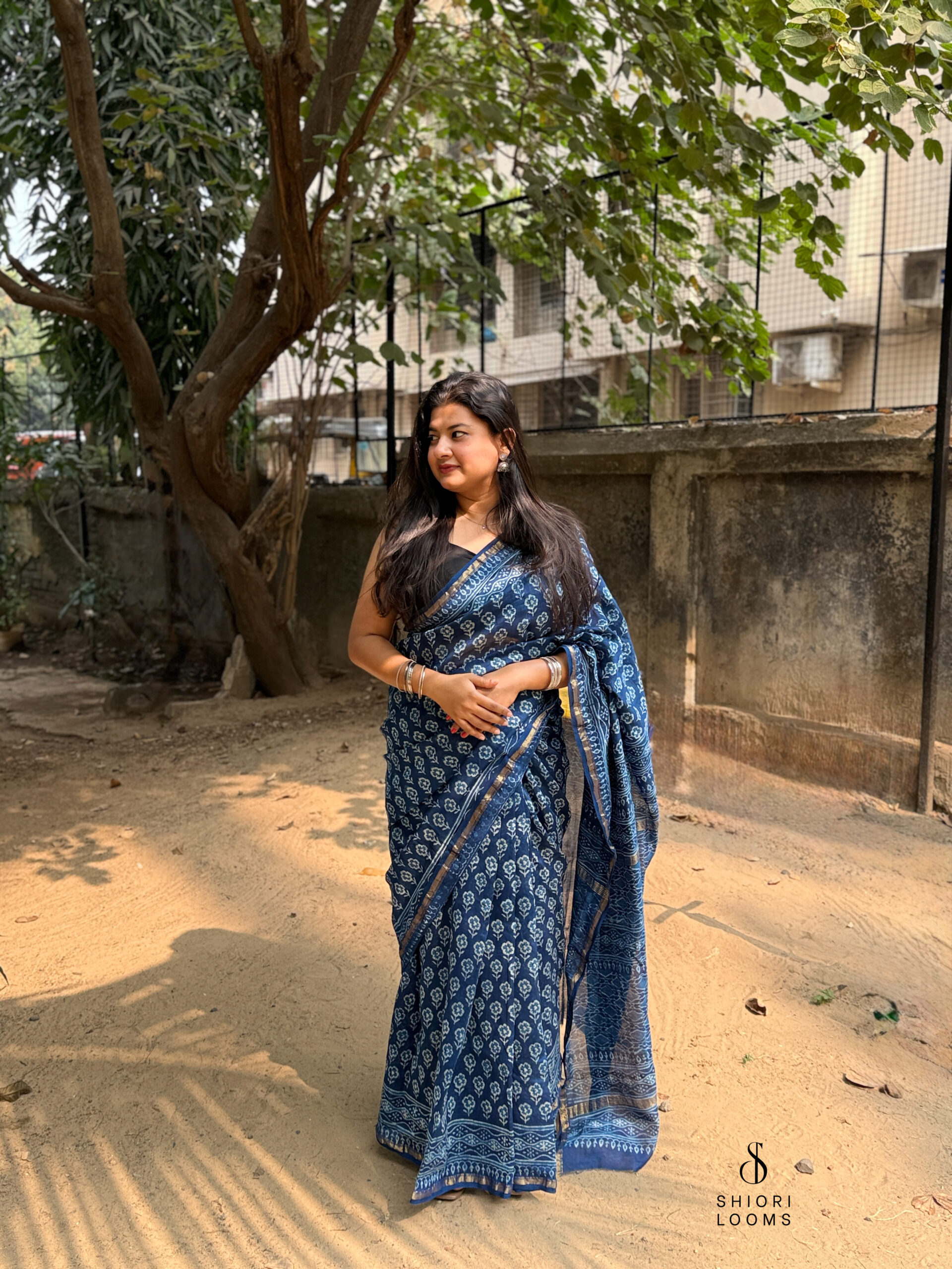 Handblock Printed Chanderi Saree in Indigo