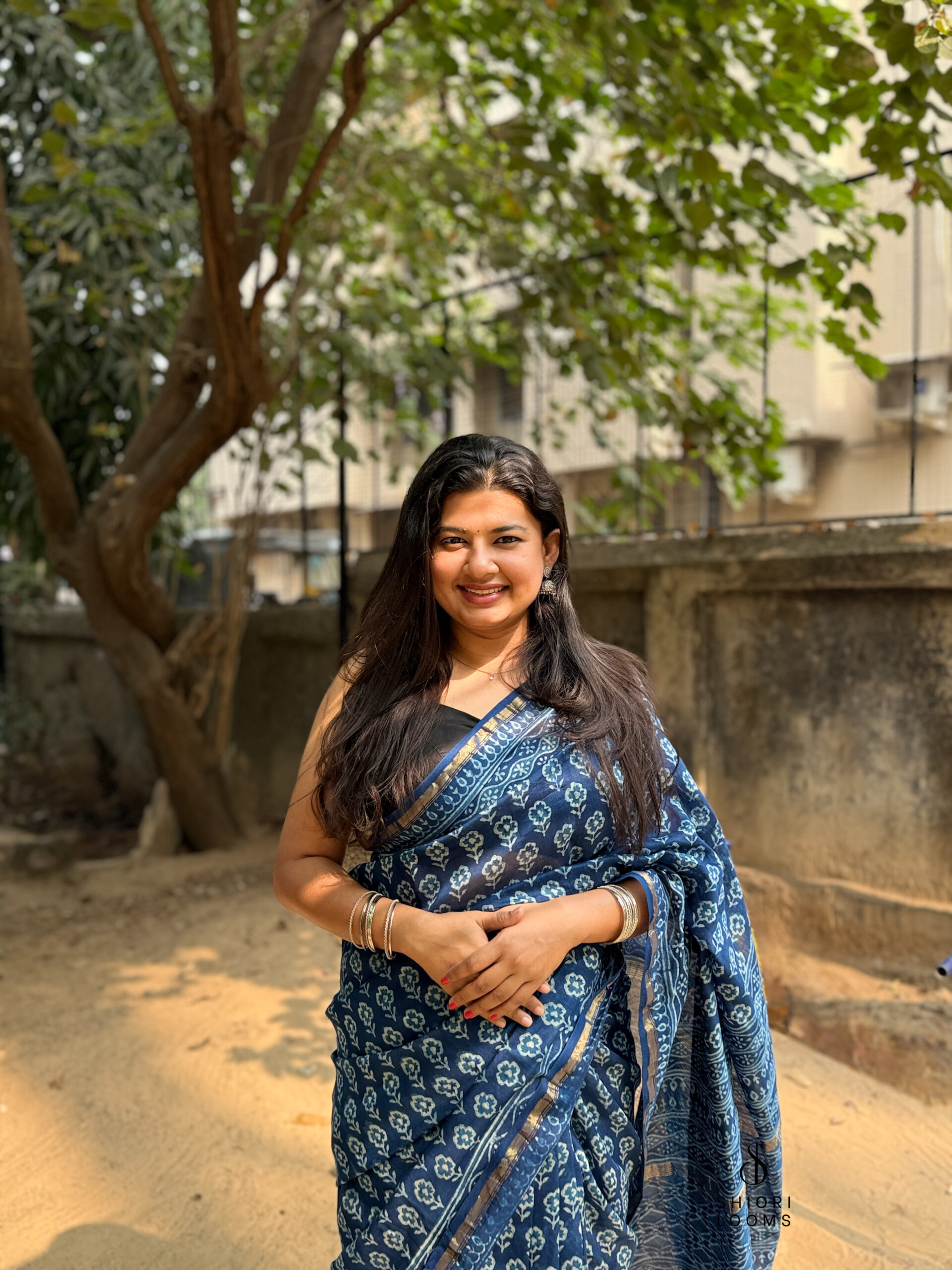 Handblock Printed Chanderi Saree in Indigo