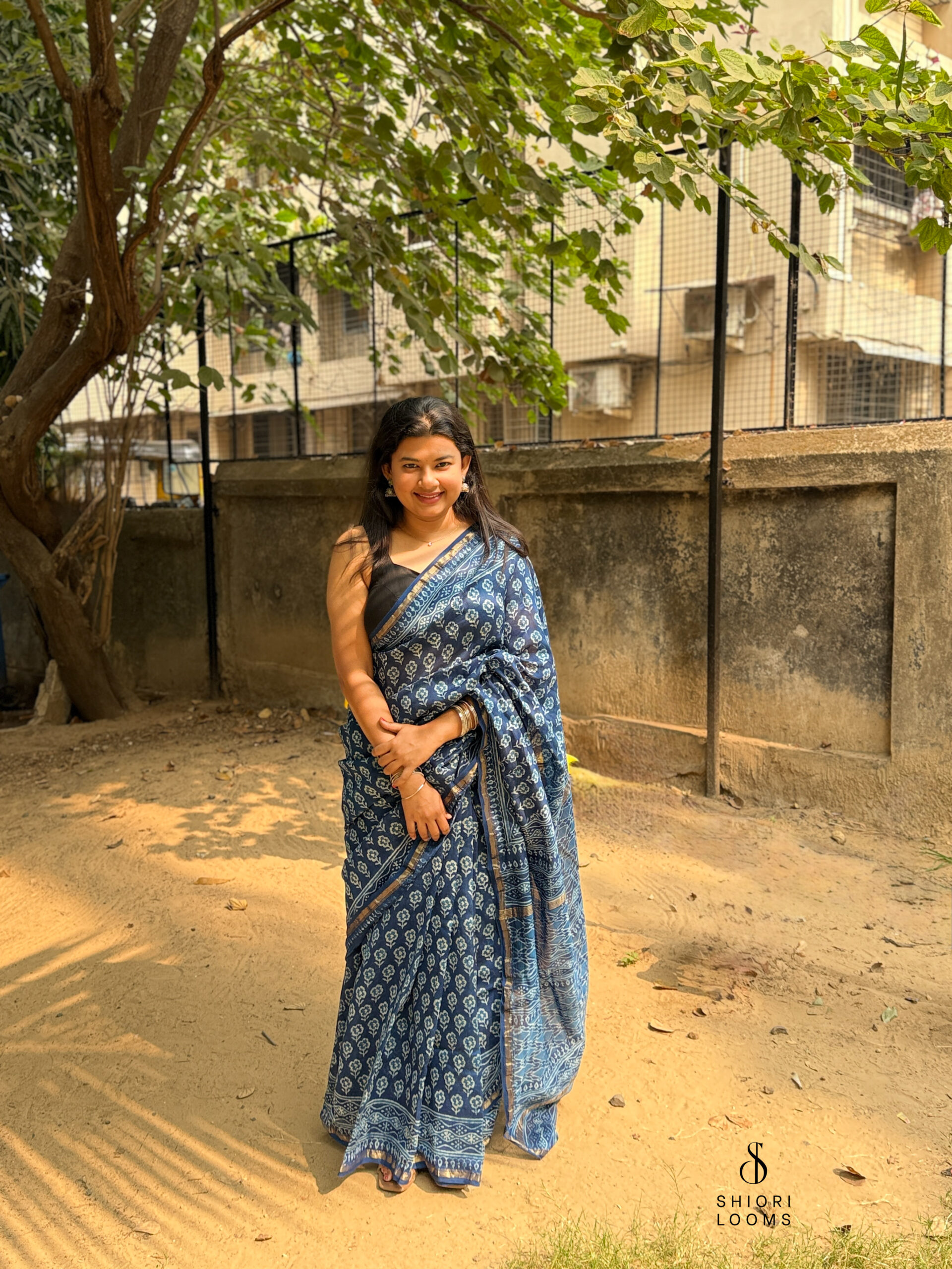Handblock Printed Chanderi Saree in Indigo