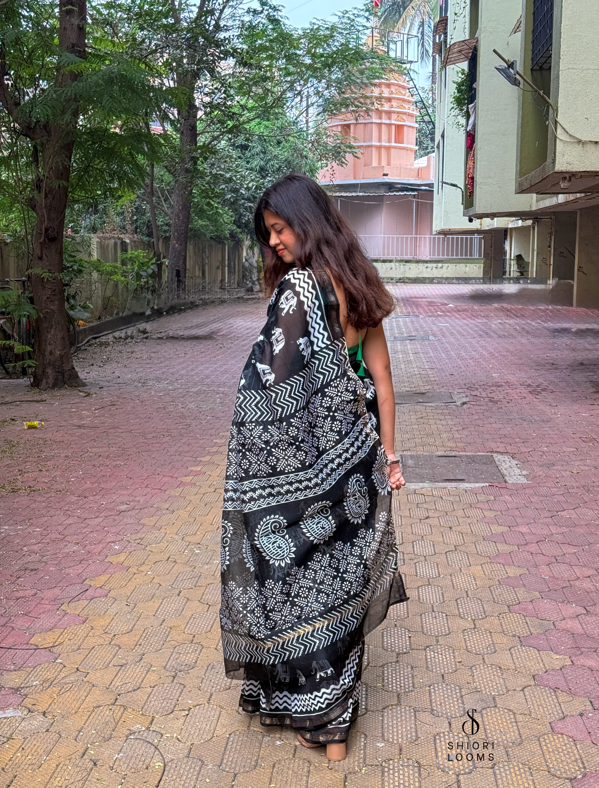 Handblock Printed Chanderi Saree in Black and White