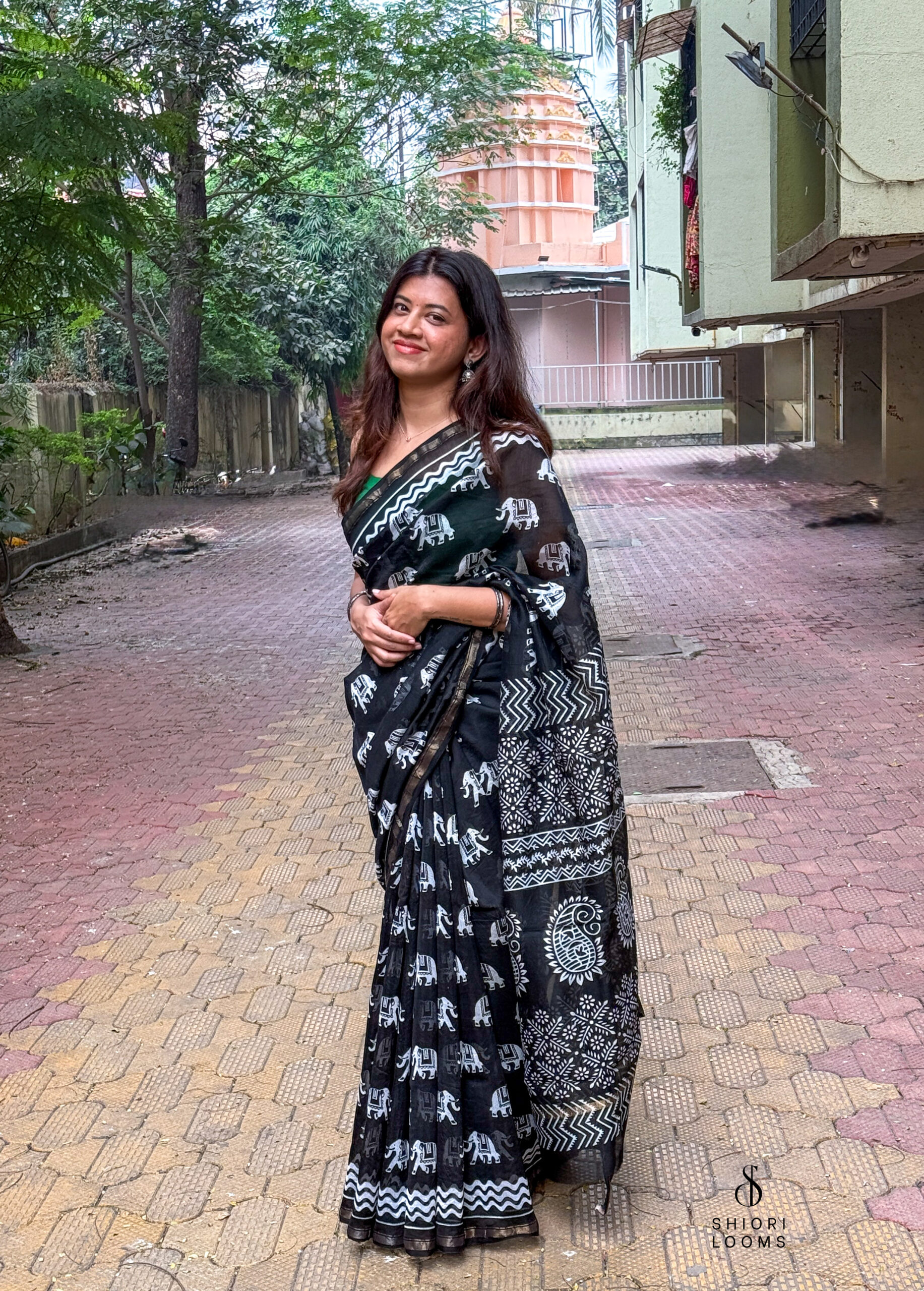 Handblock Printed Chanderi Saree in Black and White