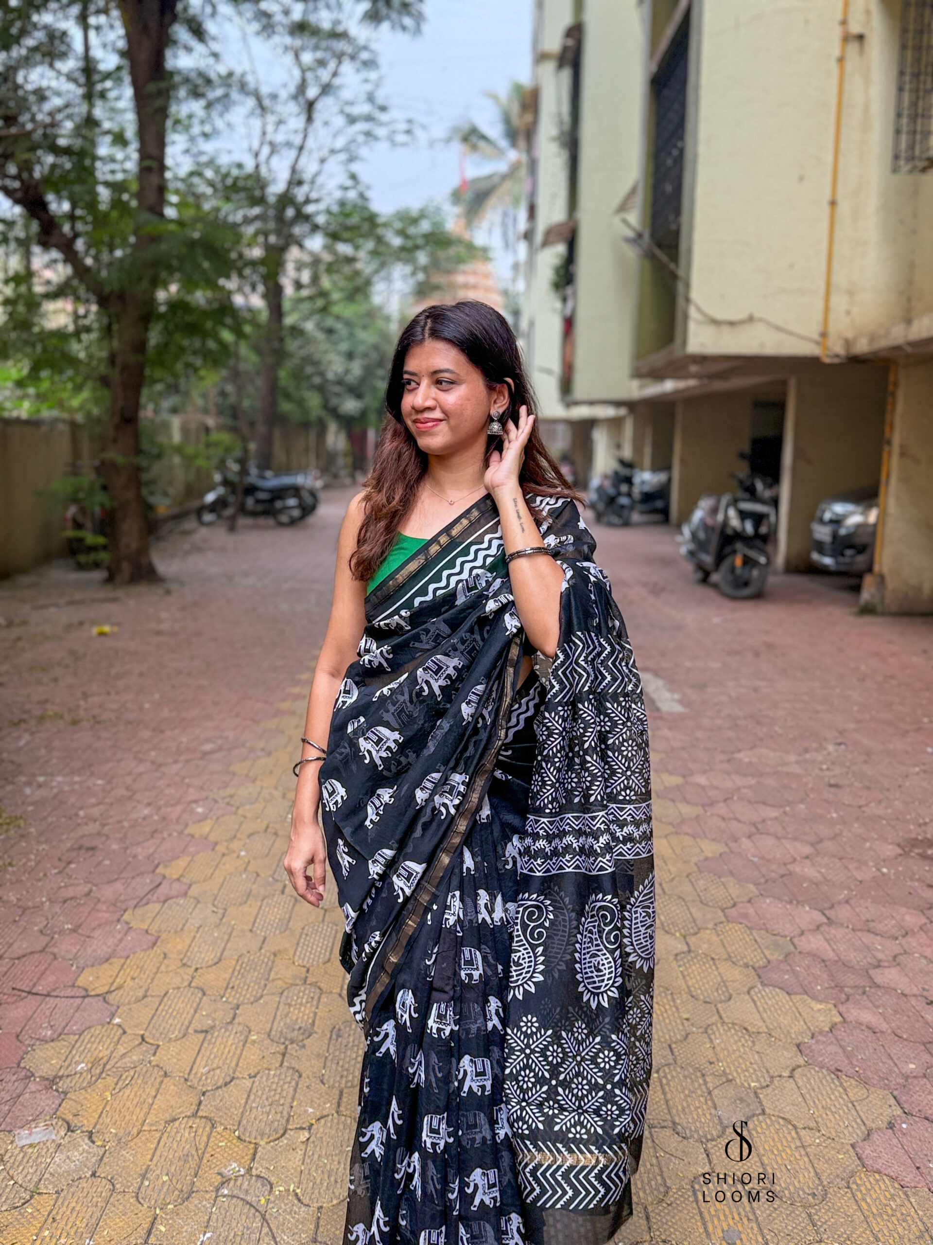Handblock Printed Chanderi Saree in Black and White