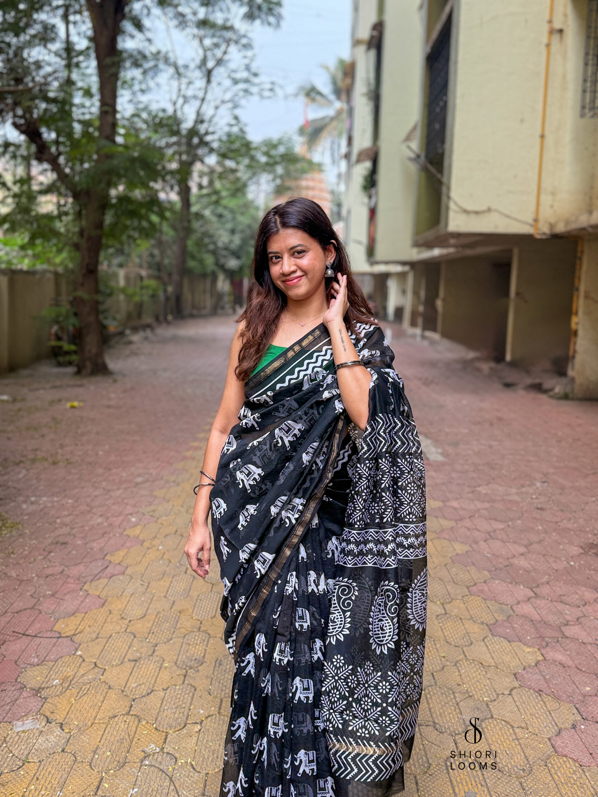Handblock Printed Chanderi Saree in Black and White